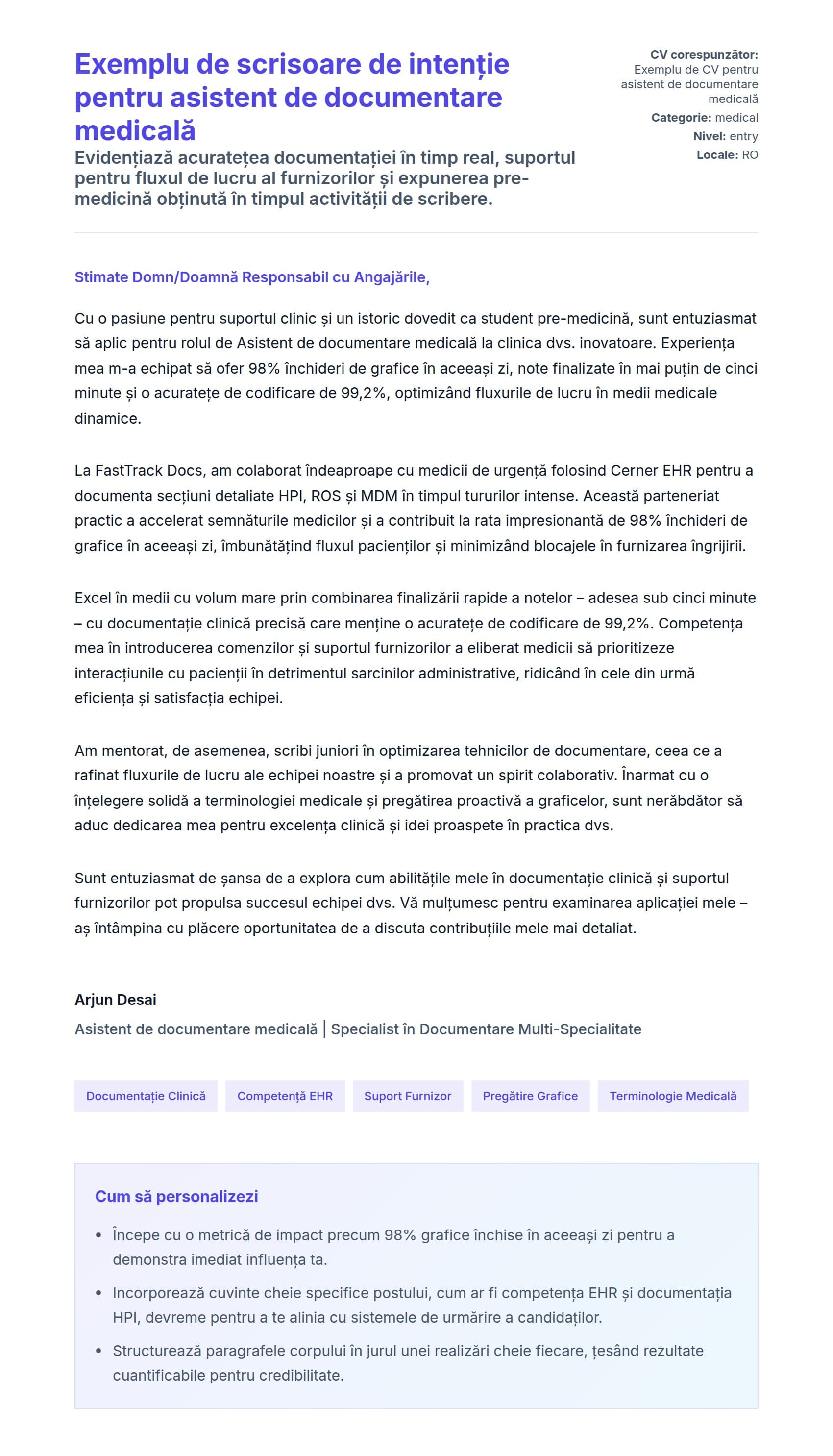 Previzualizare scrisoare de intenție pentru Exemplu de scrisoare de intenție pentru asistent de documentare medicală