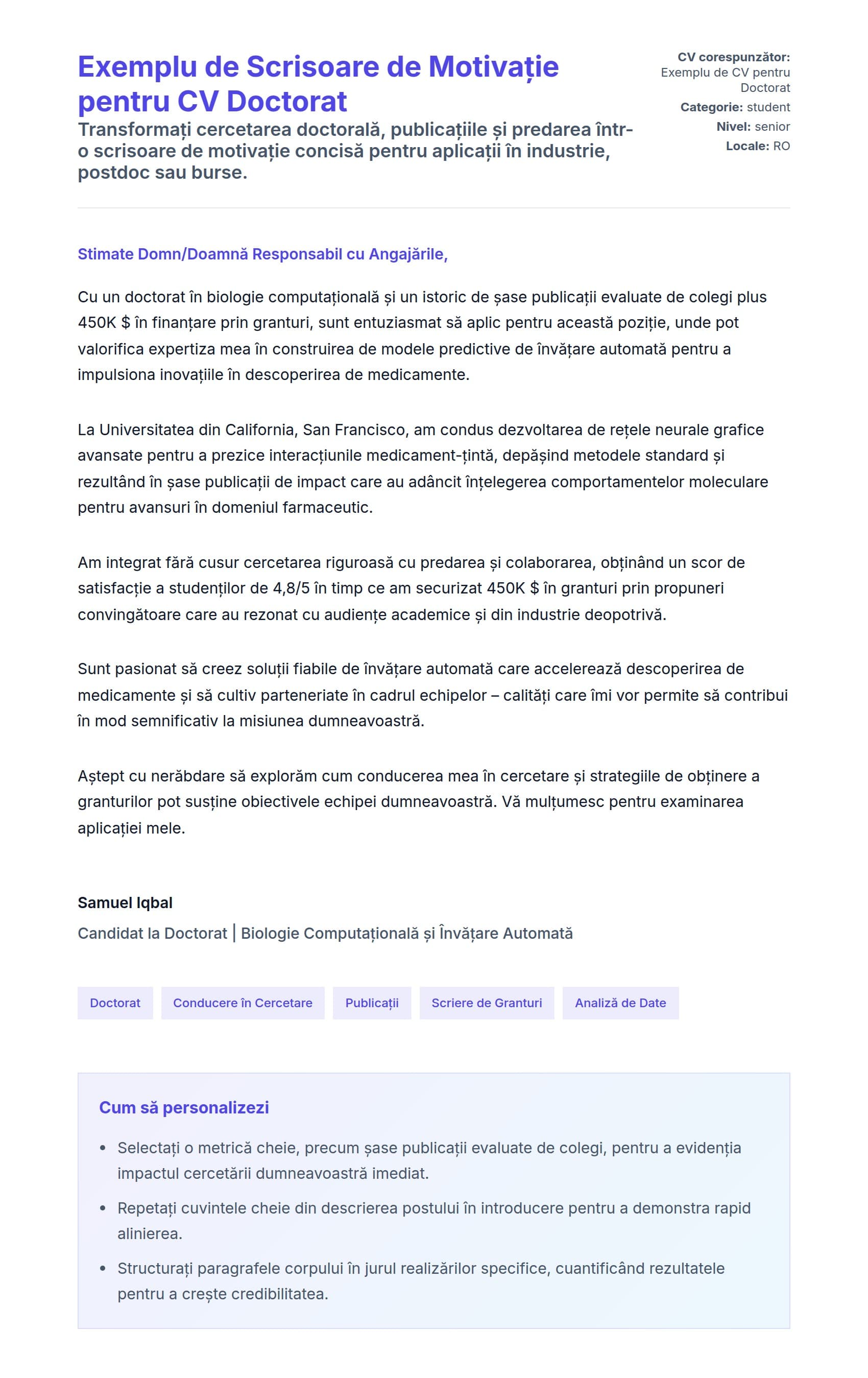 Previzualizare scrisoare de intenție pentru Exemplu de Scrisoare de Motivație pentru CV Doctorat
