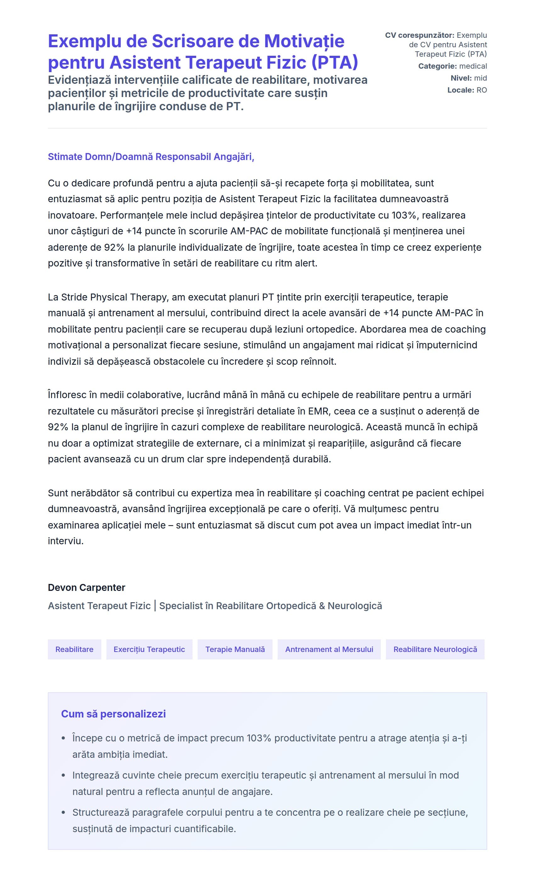 Previzualizare scrisoare de intenție pentru Exemplu de Scrisoare de Motivație pentru Asistent Terapeut Fizic (PTA)