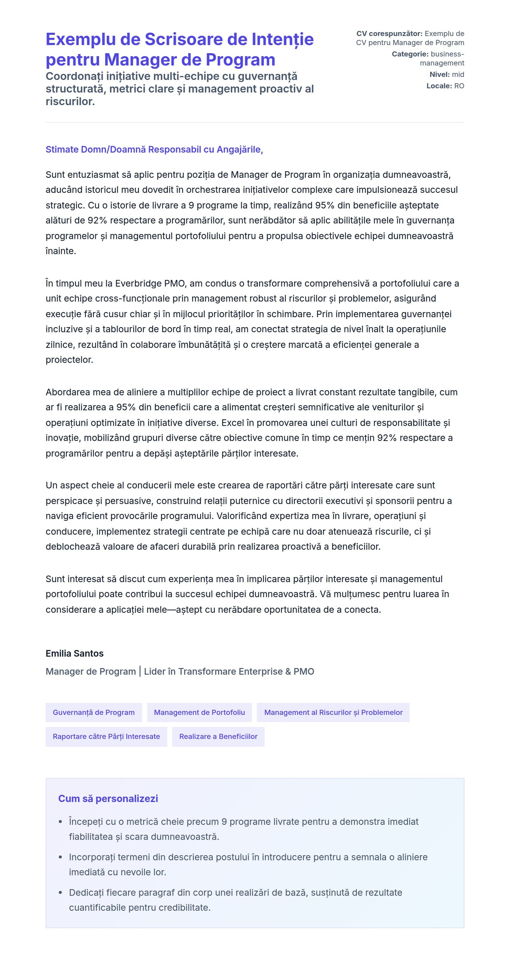 Previzualizare scrisoare de intenție pentru Exemplu de Scrisoare de Intenție pentru Manager de Program