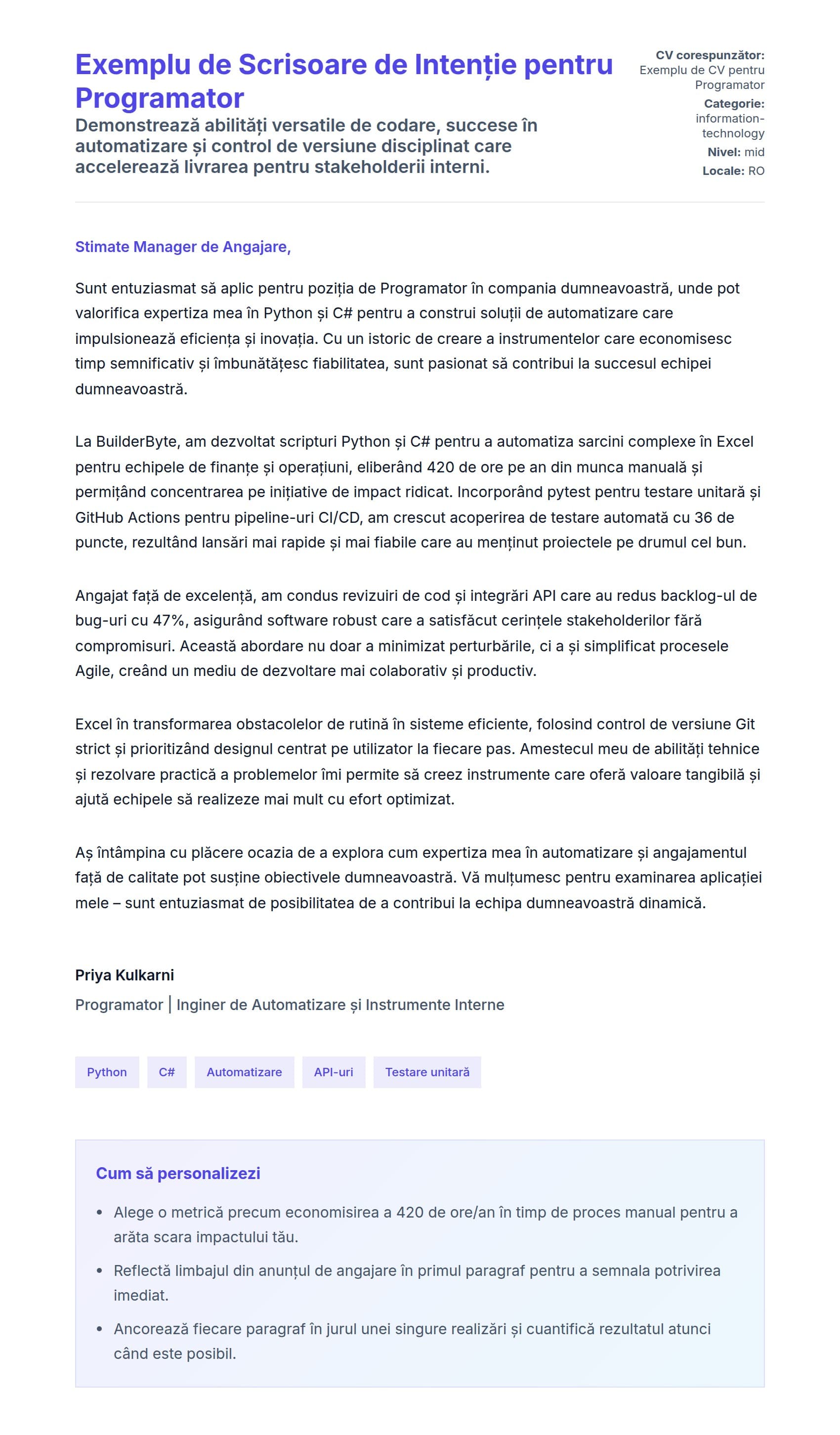 Previzualizare scrisoare de intenție pentru Exemplu de Scrisoare de Intenție pentru Programator