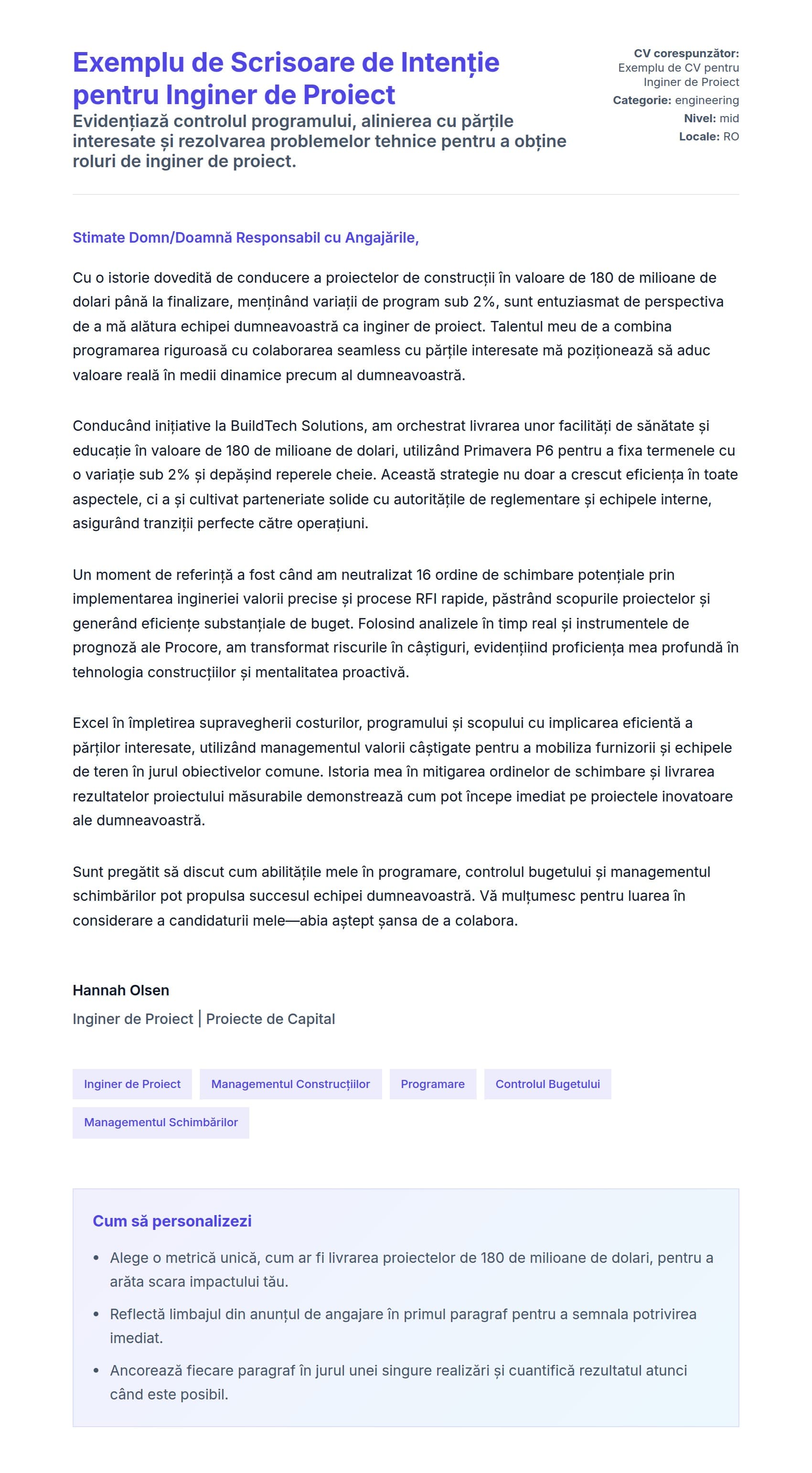 Previzualizare scrisoare de intenție pentru Exemplu de Scrisoare de Intenție pentru Inginer de Proiect