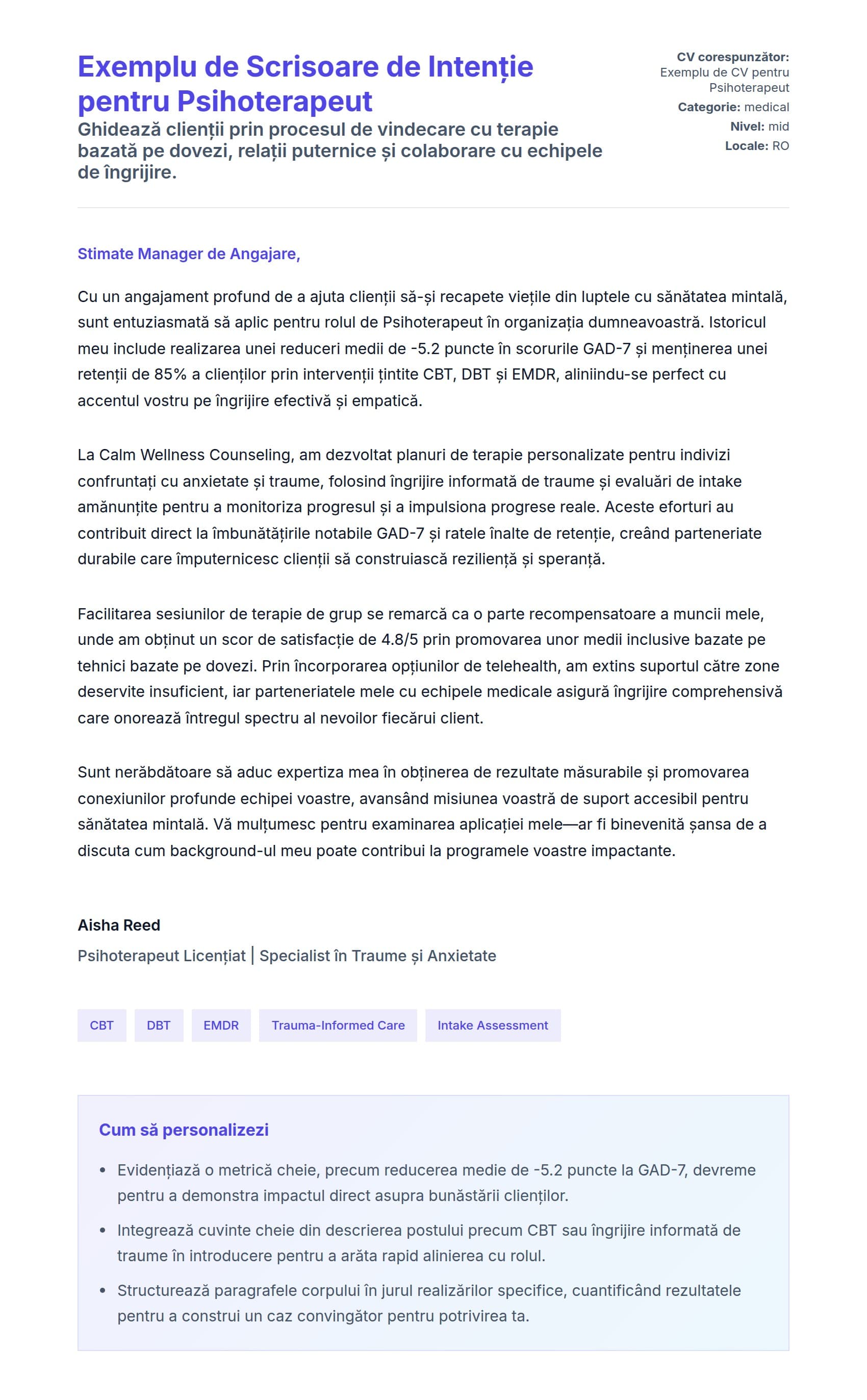 Previzualizare scrisoare de intenție pentru Exemplu de Scrisoare de Intenție pentru Psihoterapeut