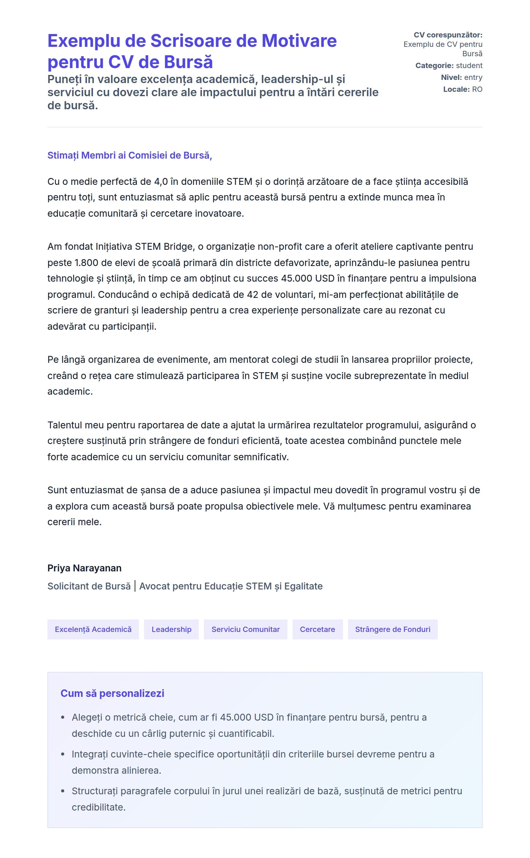 Previzualizare scrisoare de intenție pentru Exemplu de Scrisoare de Motivare pentru CV de Bursă