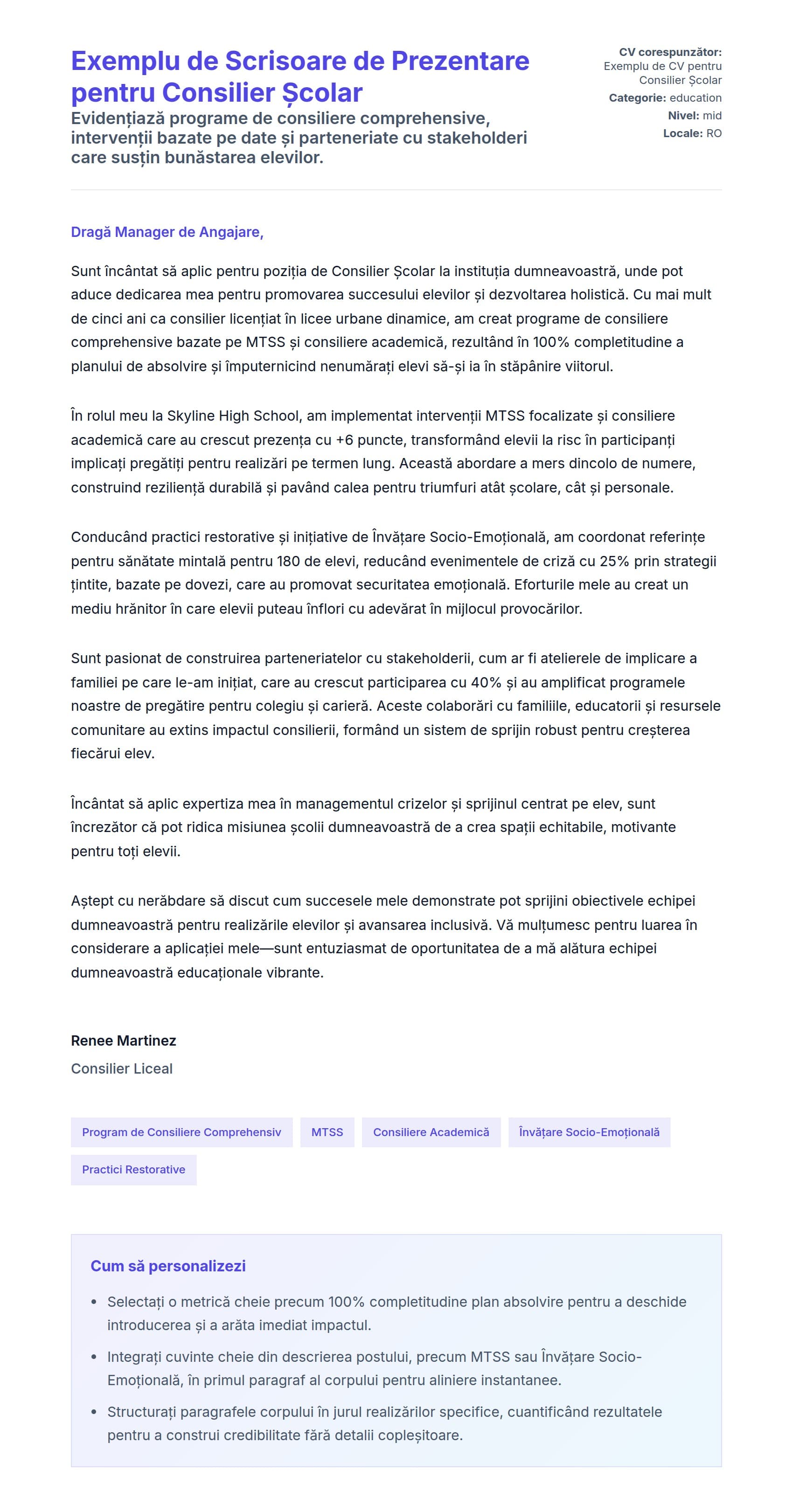 Previzualizare scrisoare de intenție pentru Exemplu de Scrisoare de Prezentare pentru Consilier Școlar