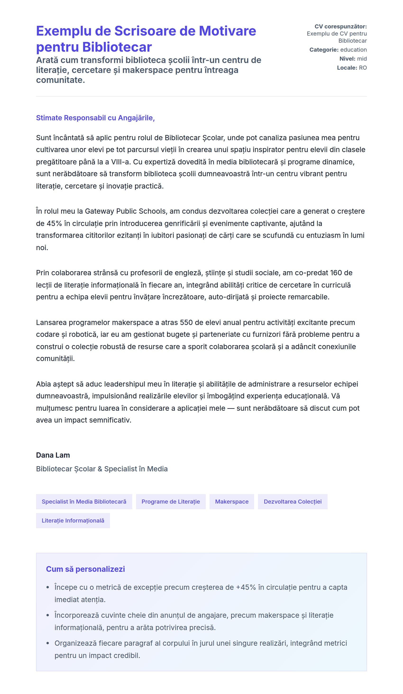 Previzualizare scrisoare de intenție pentru Exemplu de Scrisoare de Motivare pentru Bibliotecar