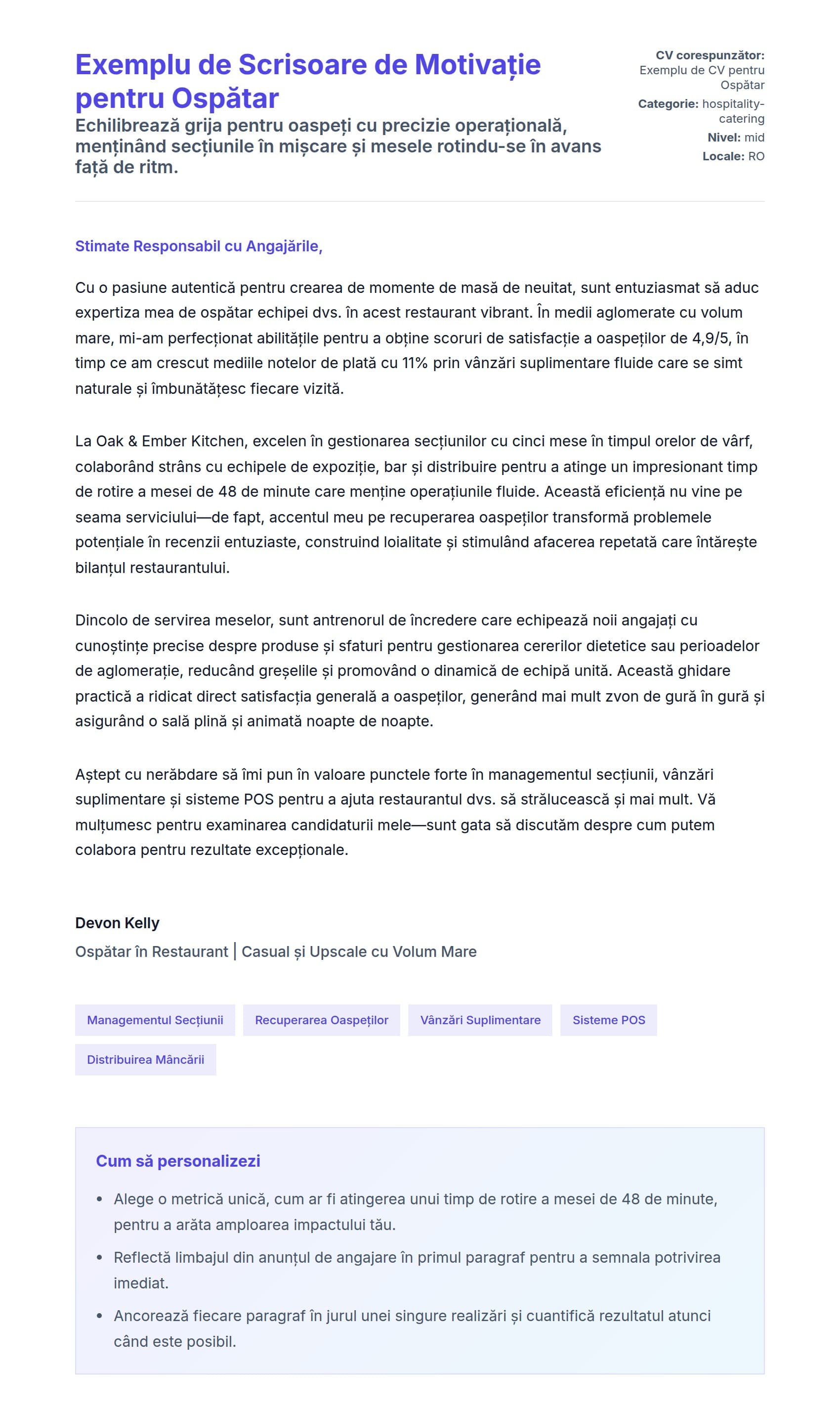 Previzualizare scrisoare de intenție pentru Exemplu de Scrisoare de Motivație pentru Ospătar