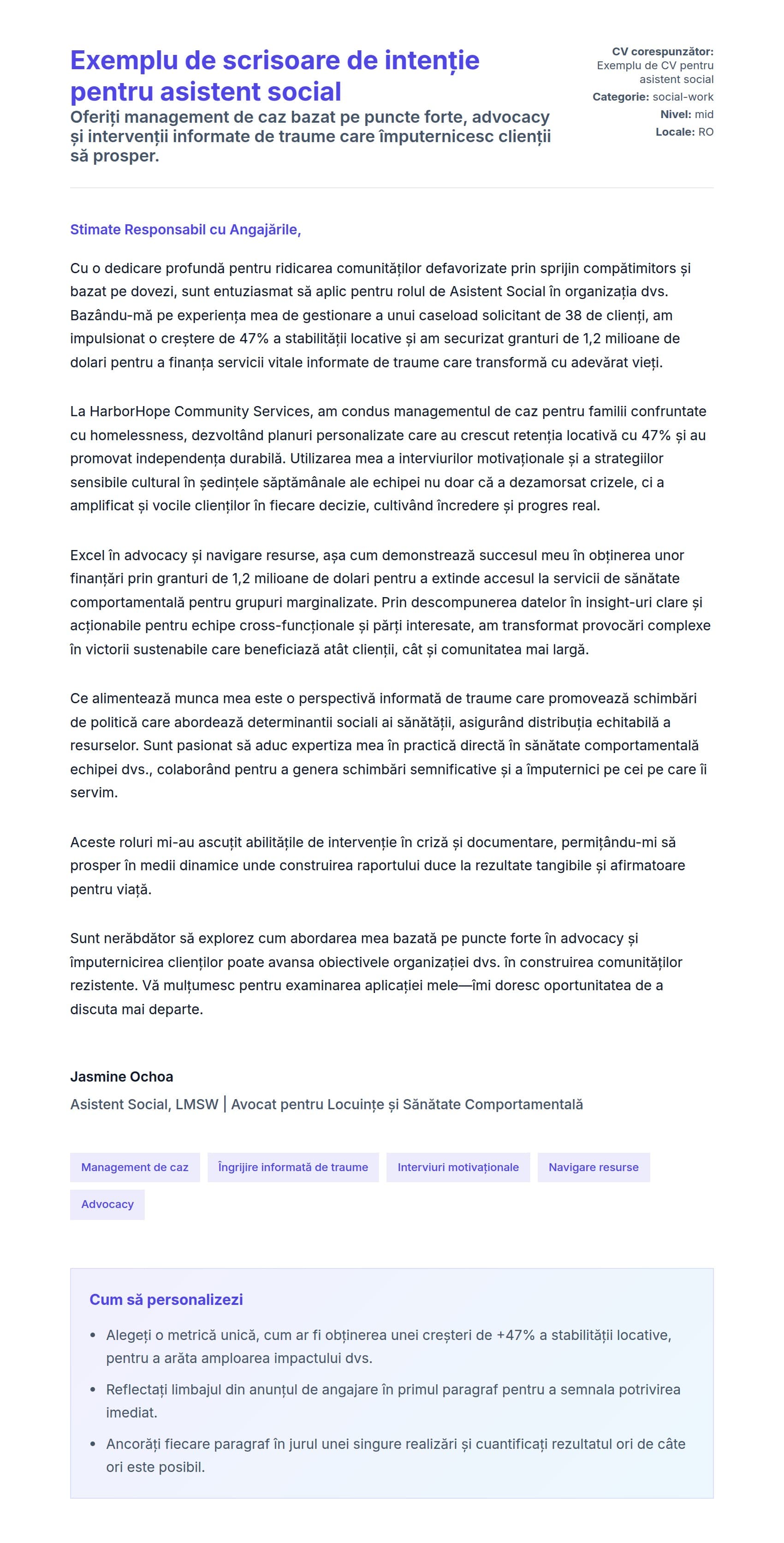 Previzualizare scrisoare de intenție pentru Exemplu de scrisoare de intenție pentru asistent social