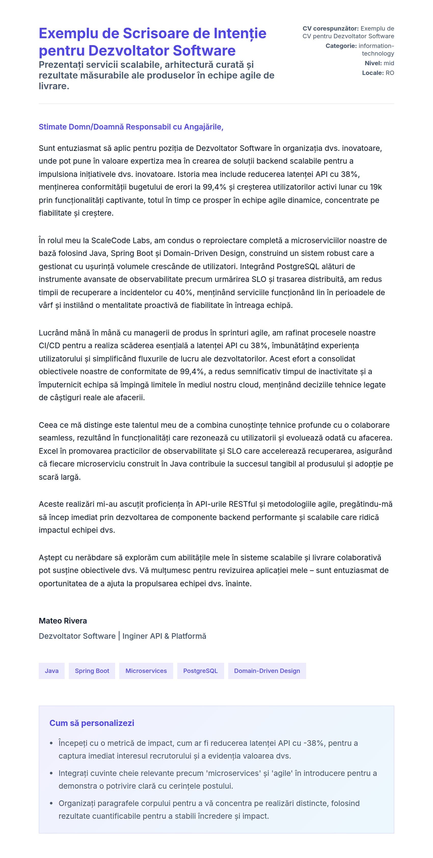 Previzualizare scrisoare de intenție pentru Exemplu de Scrisoare de Intenție pentru Dezvoltator Software