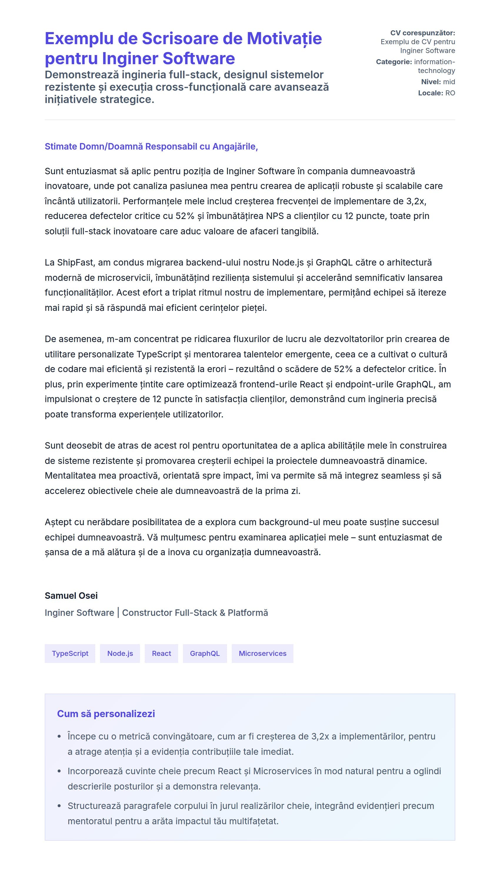 Previzualizare scrisoare de intenție pentru Exemplu de Scrisoare de Motivație pentru Inginer Software