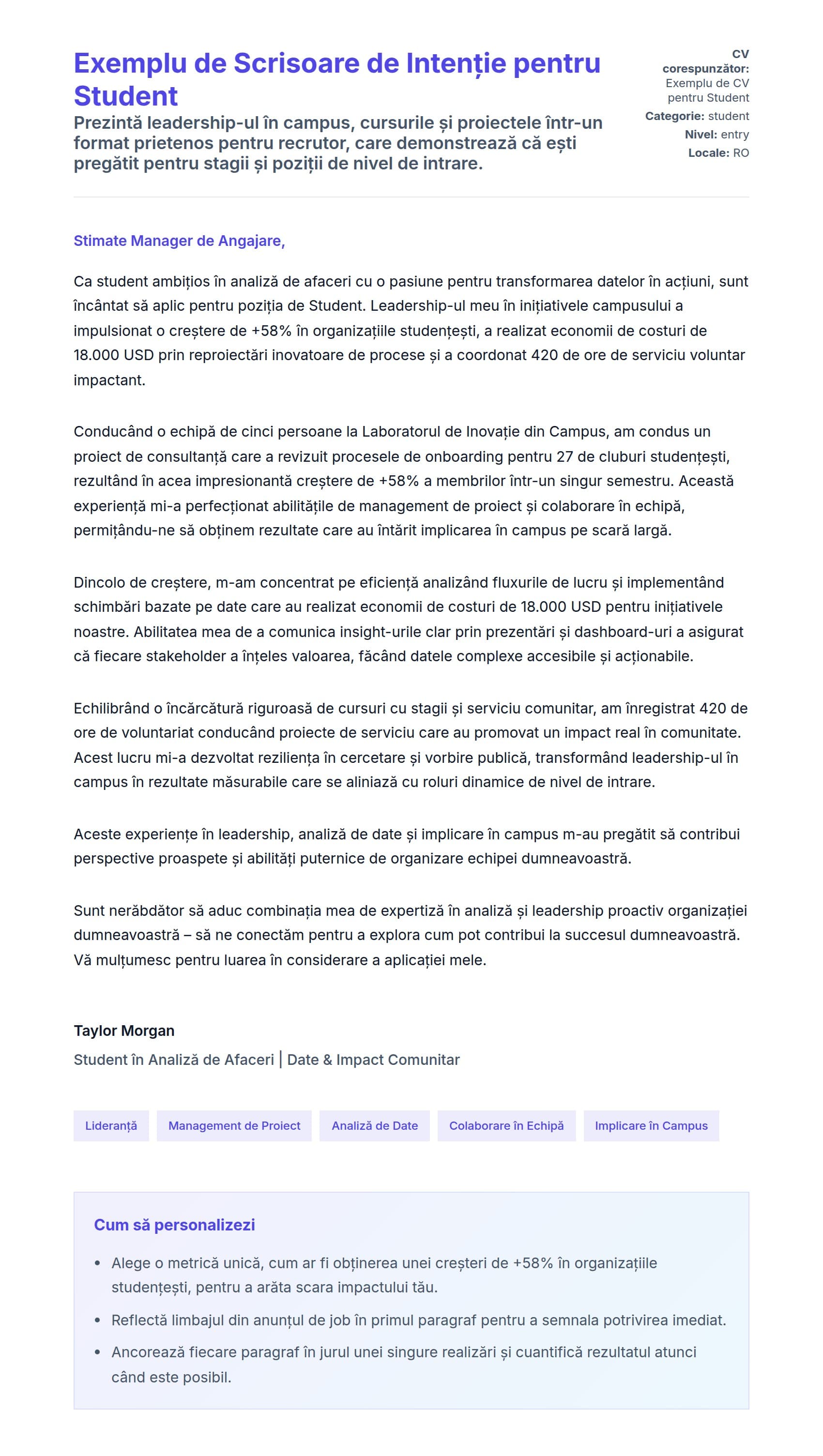 Previzualizare scrisoare de intenție pentru Exemplu de Scrisoare de Intenție pentru Student