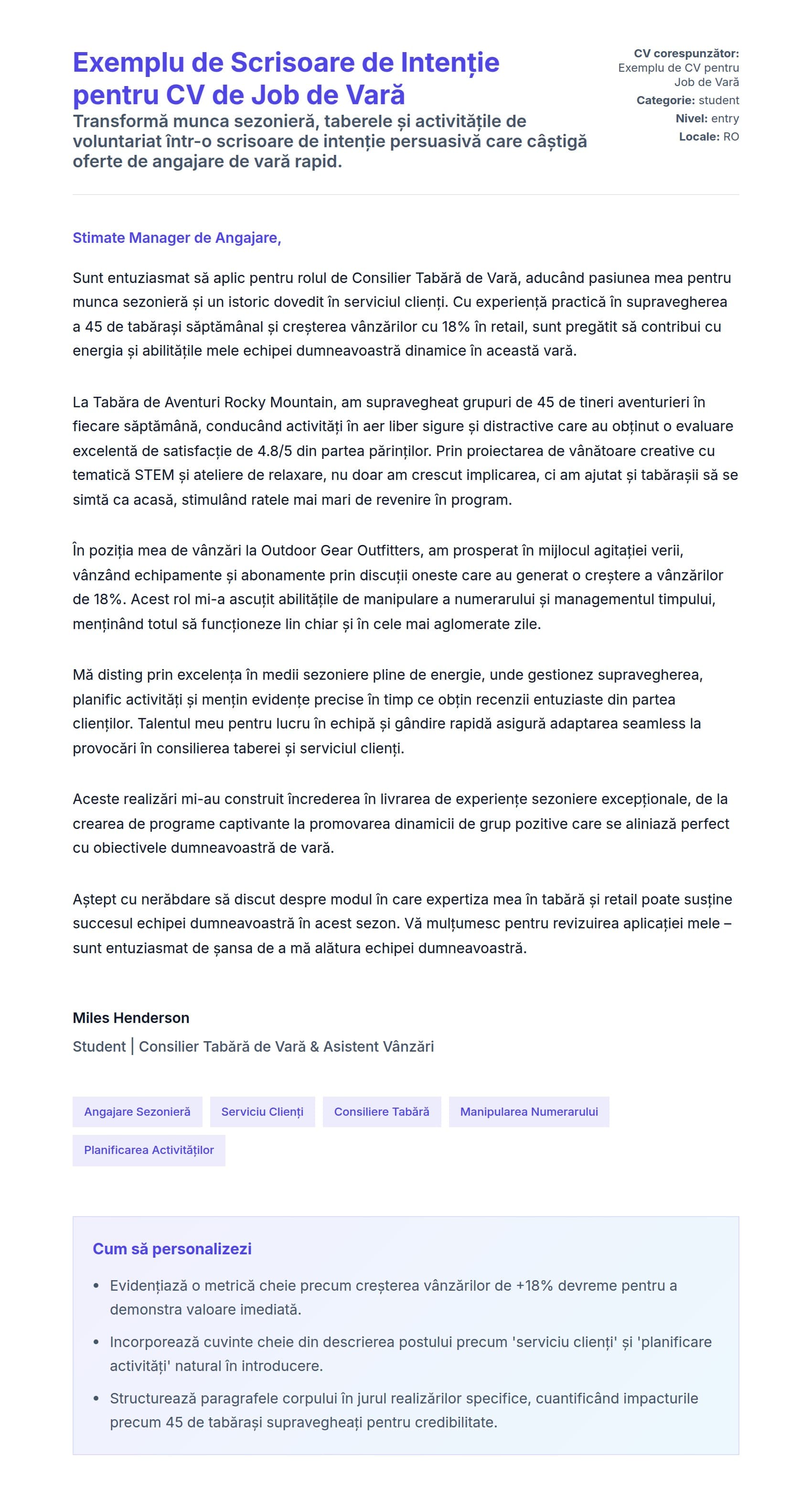 Previzualizare scrisoare de intenție pentru Exemplu de Scrisoare de Intenție pentru CV de Job de Vară