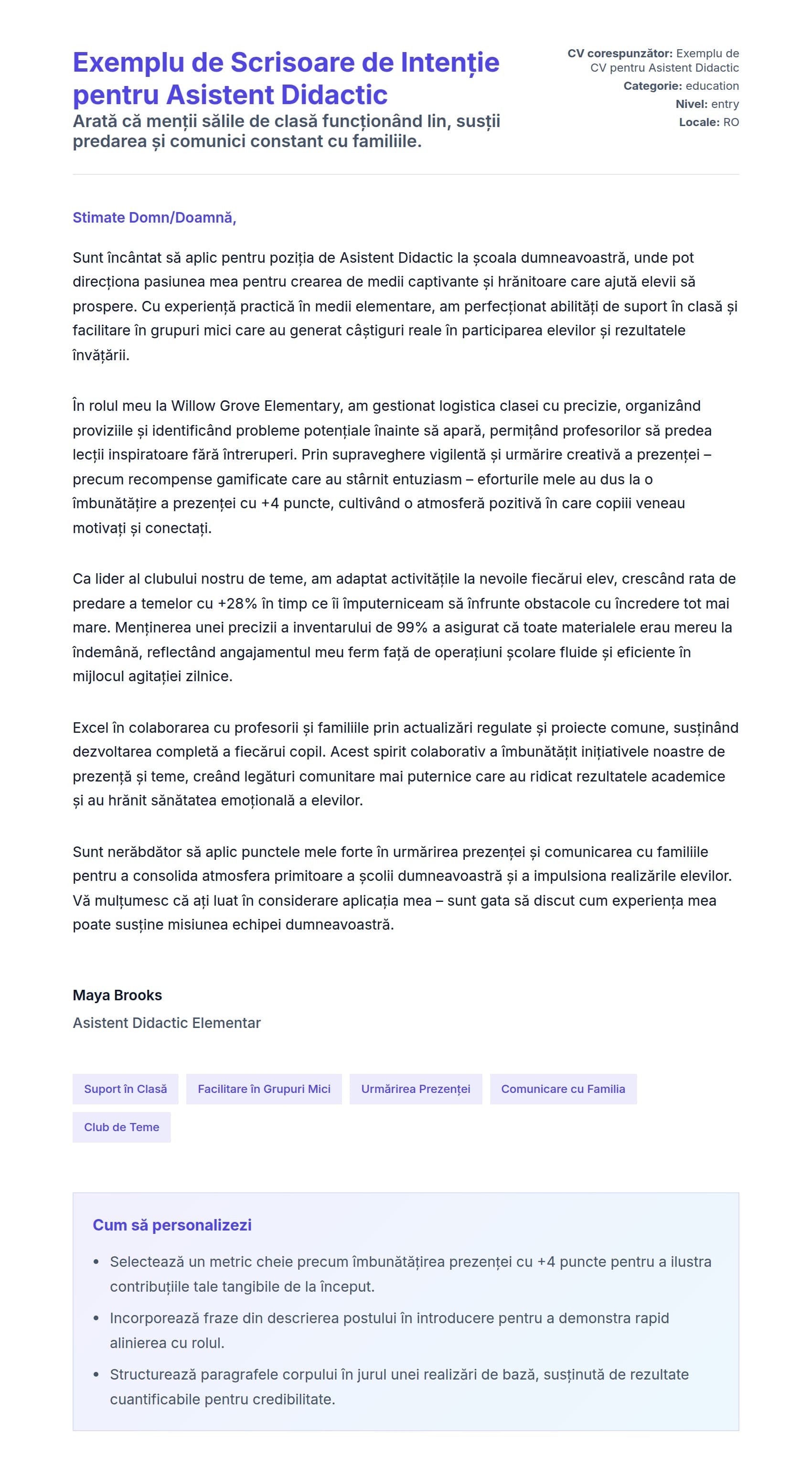Previzualizare scrisoare de intenție pentru Exemplu de Scrisoare de Intenție pentru Asistent Didactic
