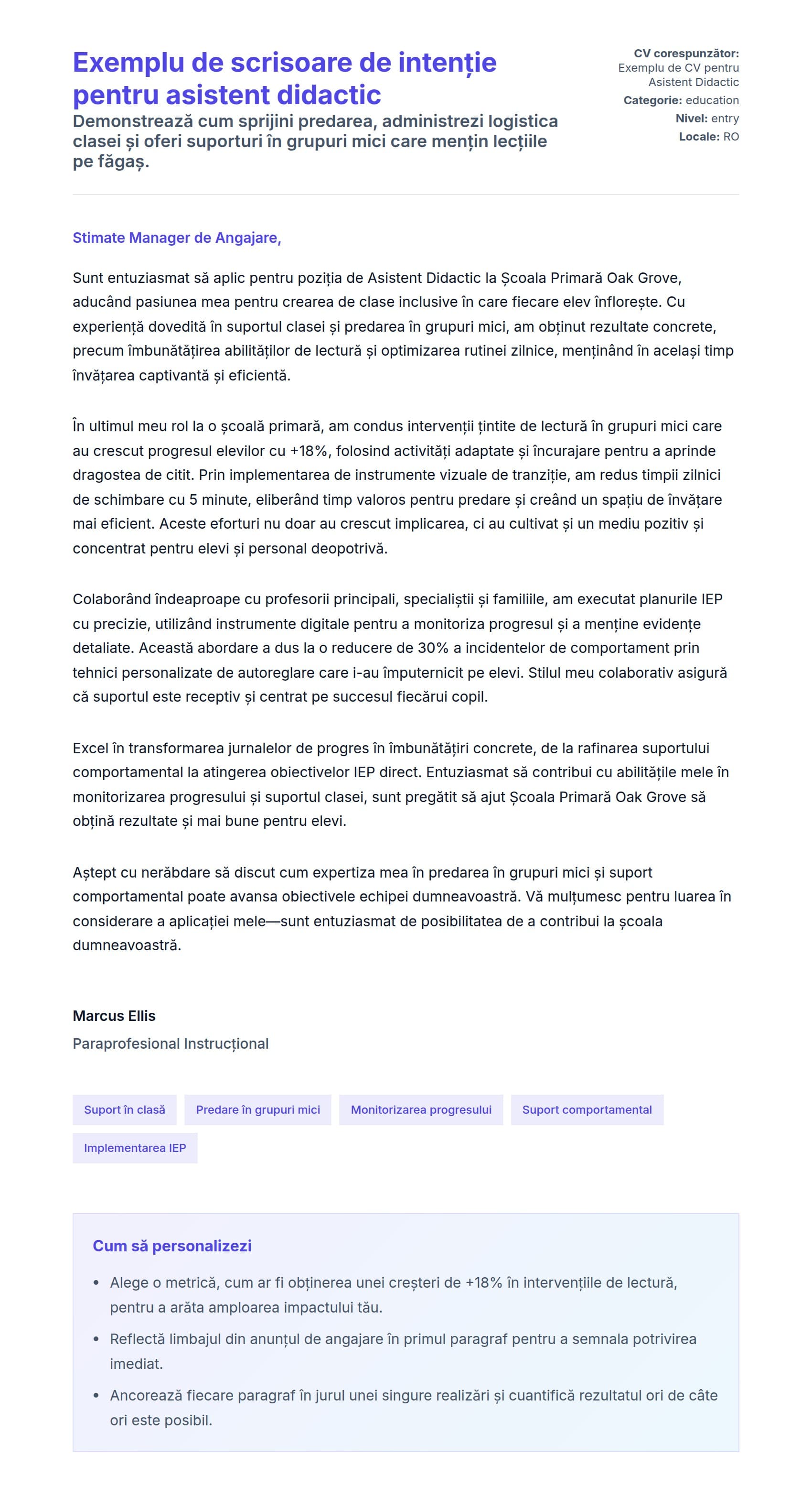 Previzualizare scrisoare de intenție pentru Exemplu de scrisoare de intenție pentru asistent didactic