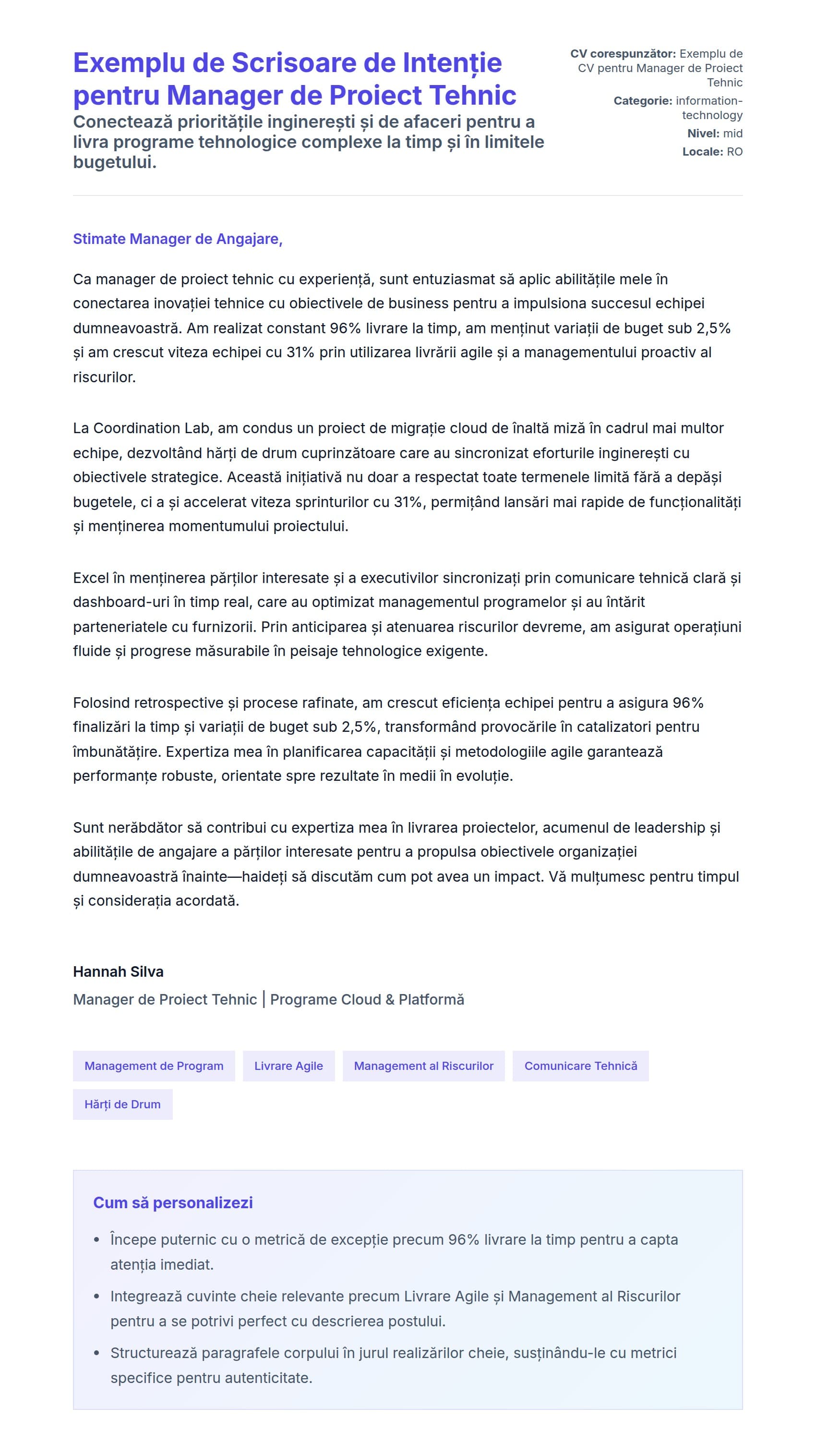 Previzualizare scrisoare de intenție pentru Exemplu de Scrisoare de Intenție pentru Manager de Proiect Tehnic