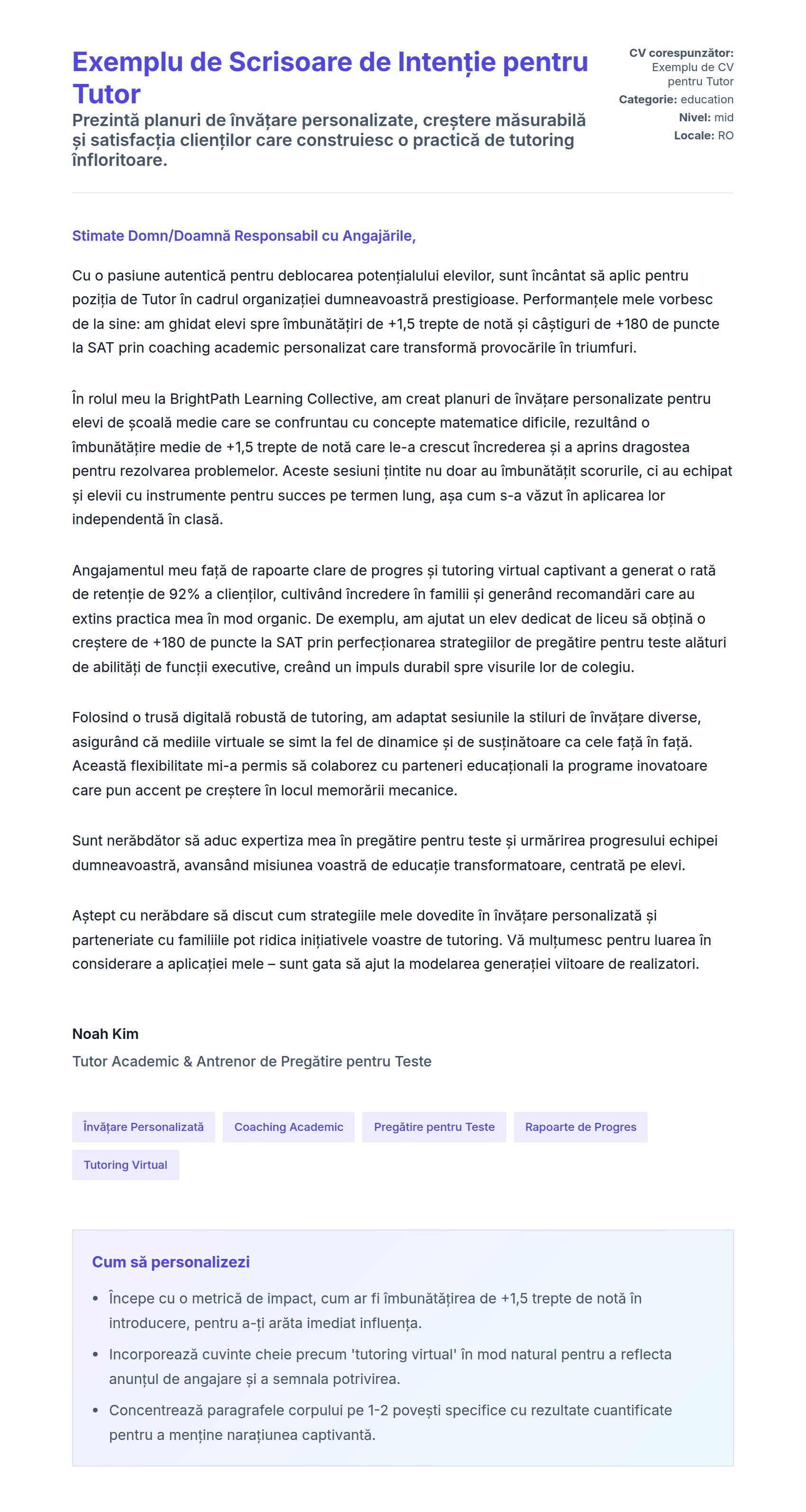 Previzualizare scrisoare de intenție pentru Exemplu de Scrisoare de Intenție pentru Tutor