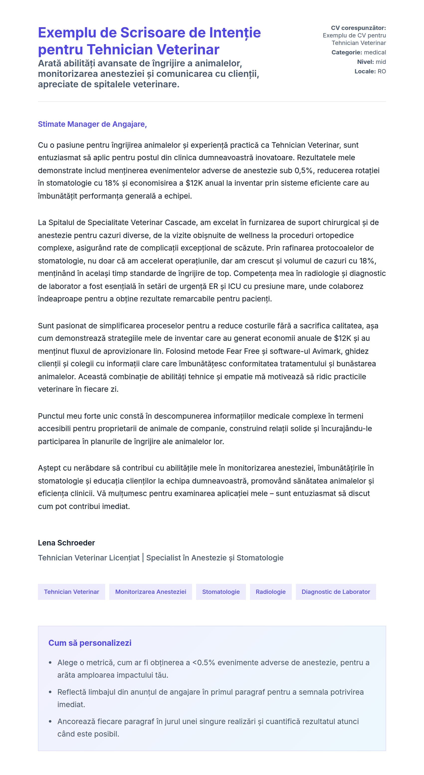 Previzualizare scrisoare de intenție pentru Exemplu de Scrisoare de Intenție pentru Tehnician Veterinar