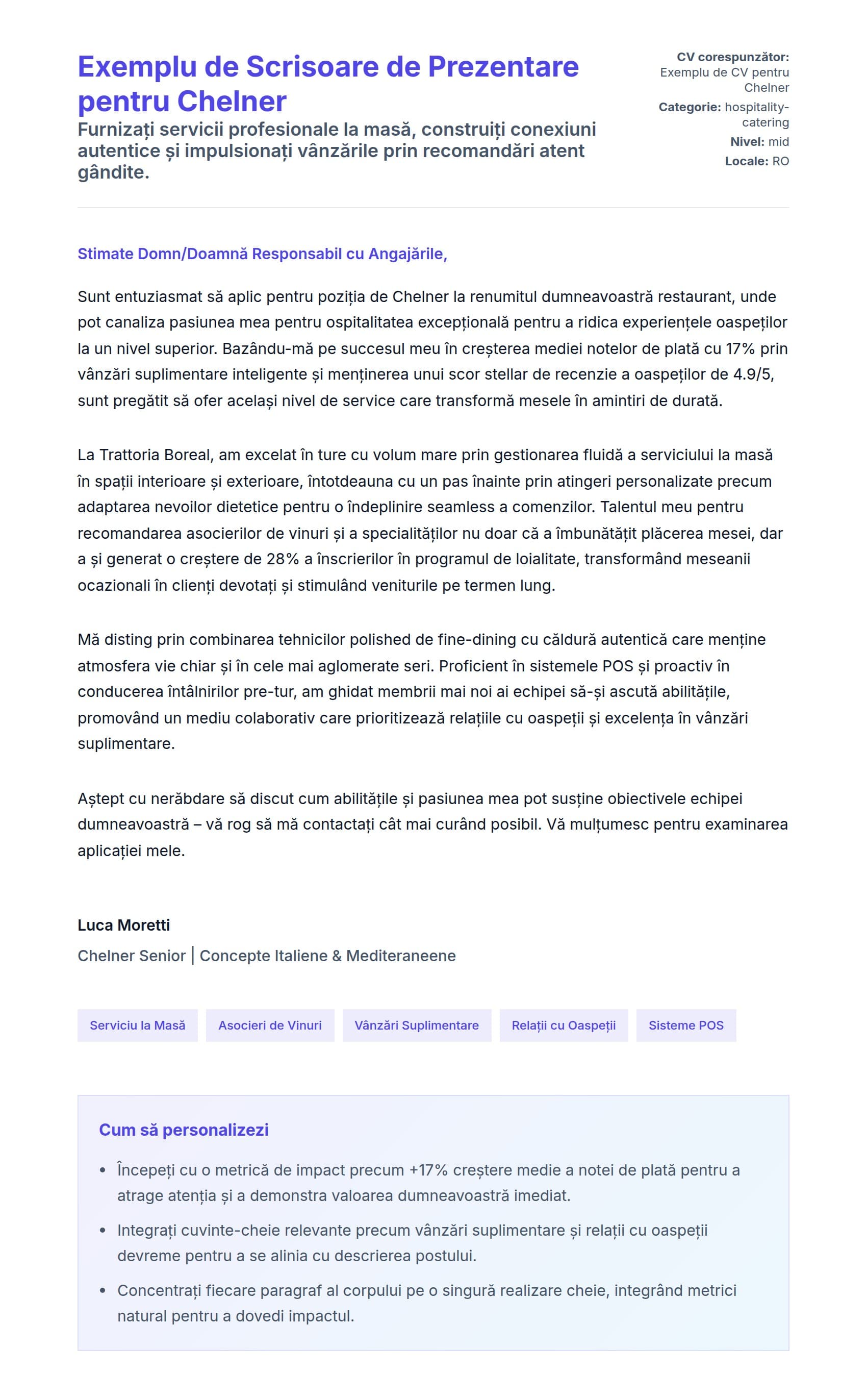 Previzualizare scrisoare de intenție pentru Exemplu de Scrisoare de Prezentare pentru Chelner