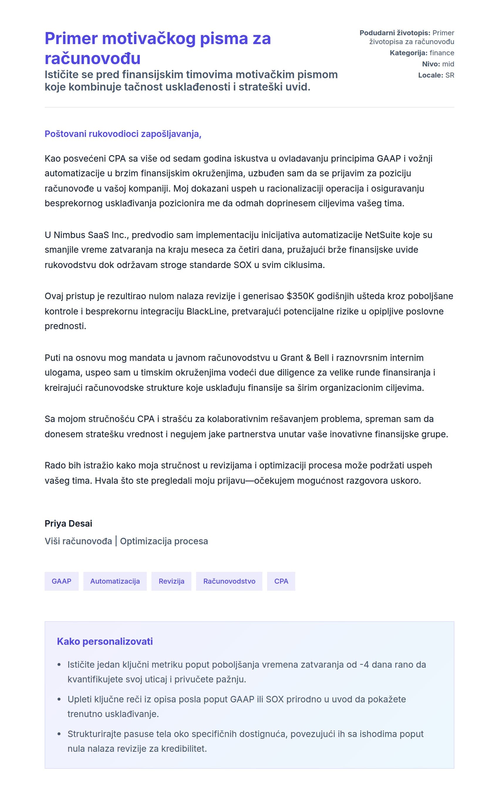 Pregled pokrivnog pisma za Primer motivačkog pisma za računovođu