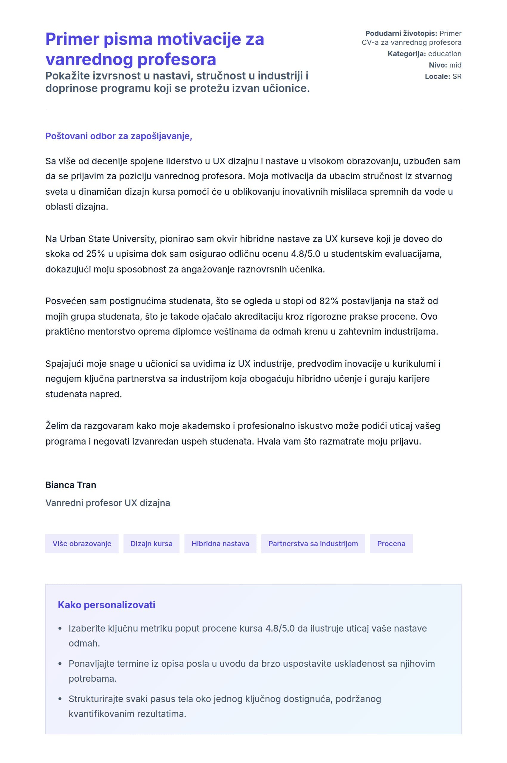 Pregled pokrivnog pisma za Primer pisma motivacije za vanrednog profesora