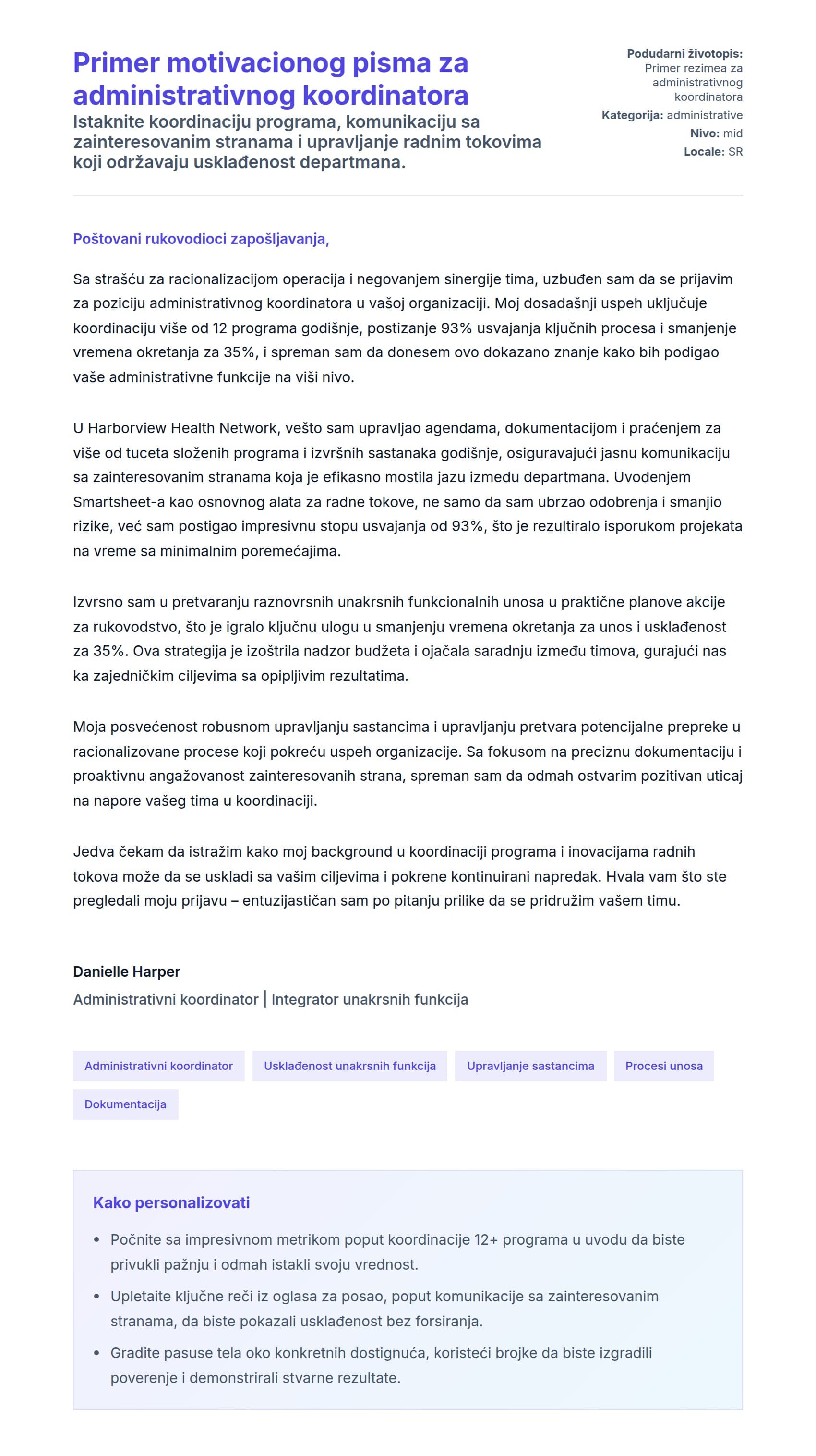Primer motivacionog pisma za administrativnog koordinatora