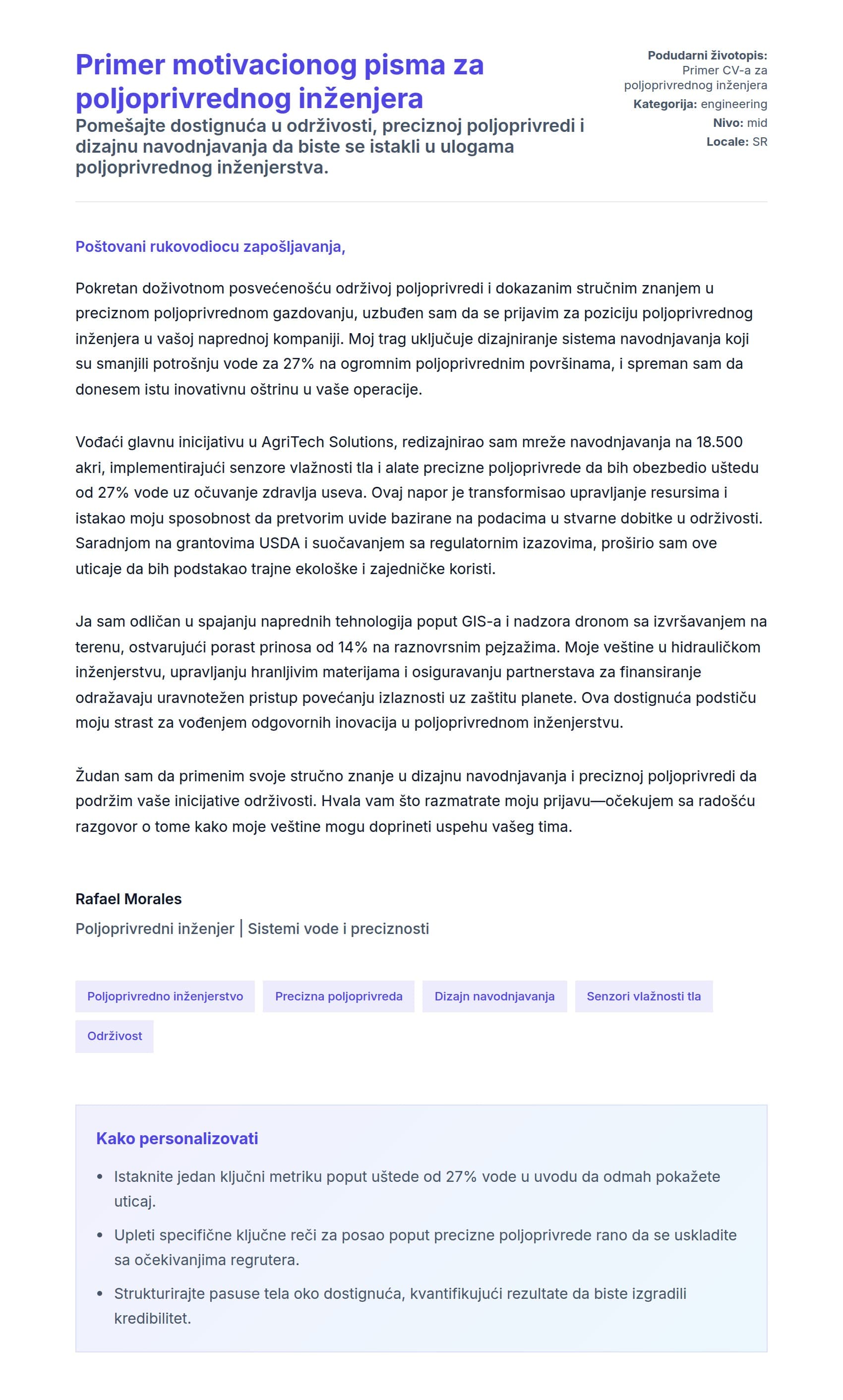 Pregled pokrivnog pisma za Primer motivacionog pisma za poljoprivrednog inženjera