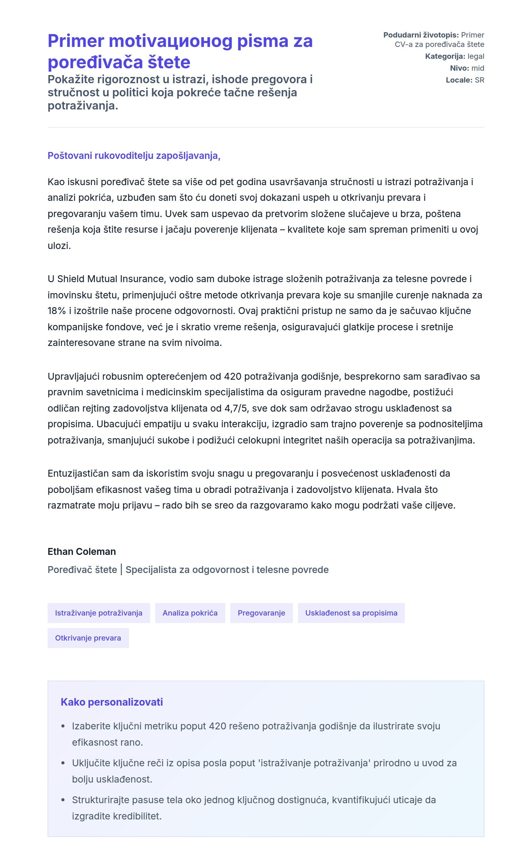 Pregled pokrivnog pisma za Primer motivaционog pisma za poređivača štete