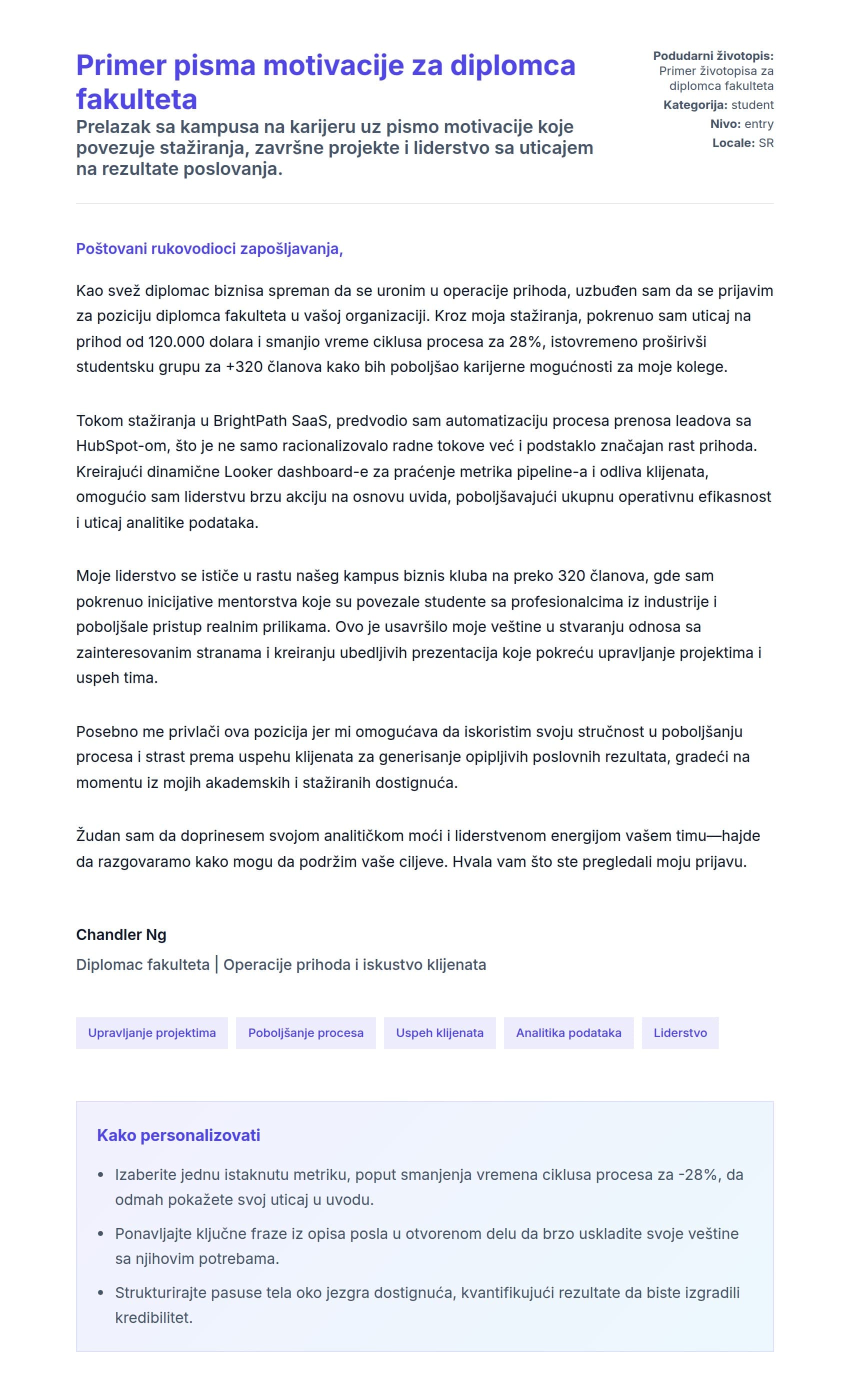Pregled pokrivnog pisma za Primer pisma motivacije za diplomca fakulteta