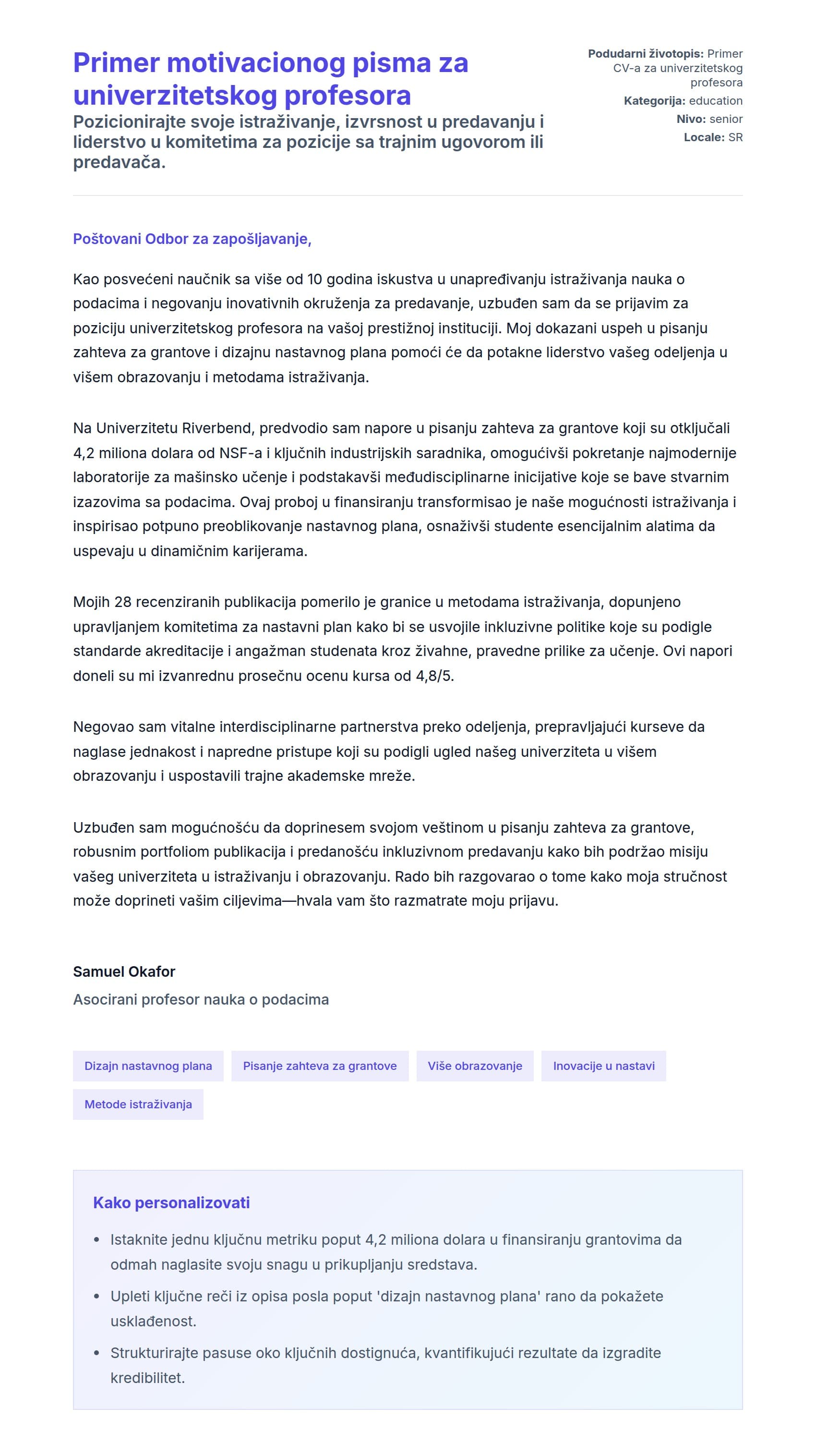 Pregled pokrivnog pisma za Primer motivacionog pisma za univerzitetskog profesora