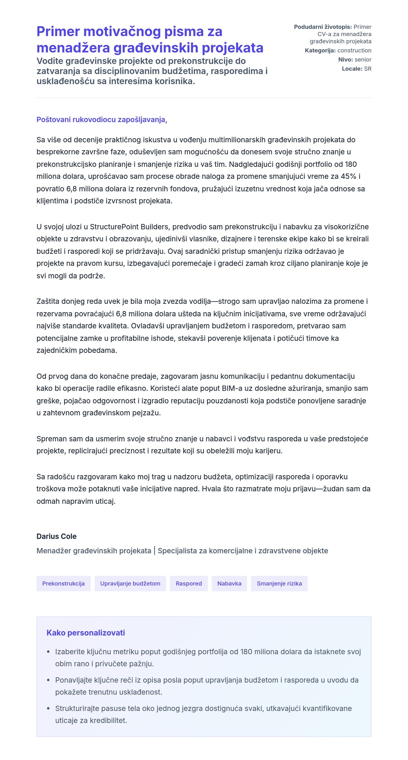 Pregled pokrivnog pisma za Primer motivačnog pisma za menadžera građevinskih projekata