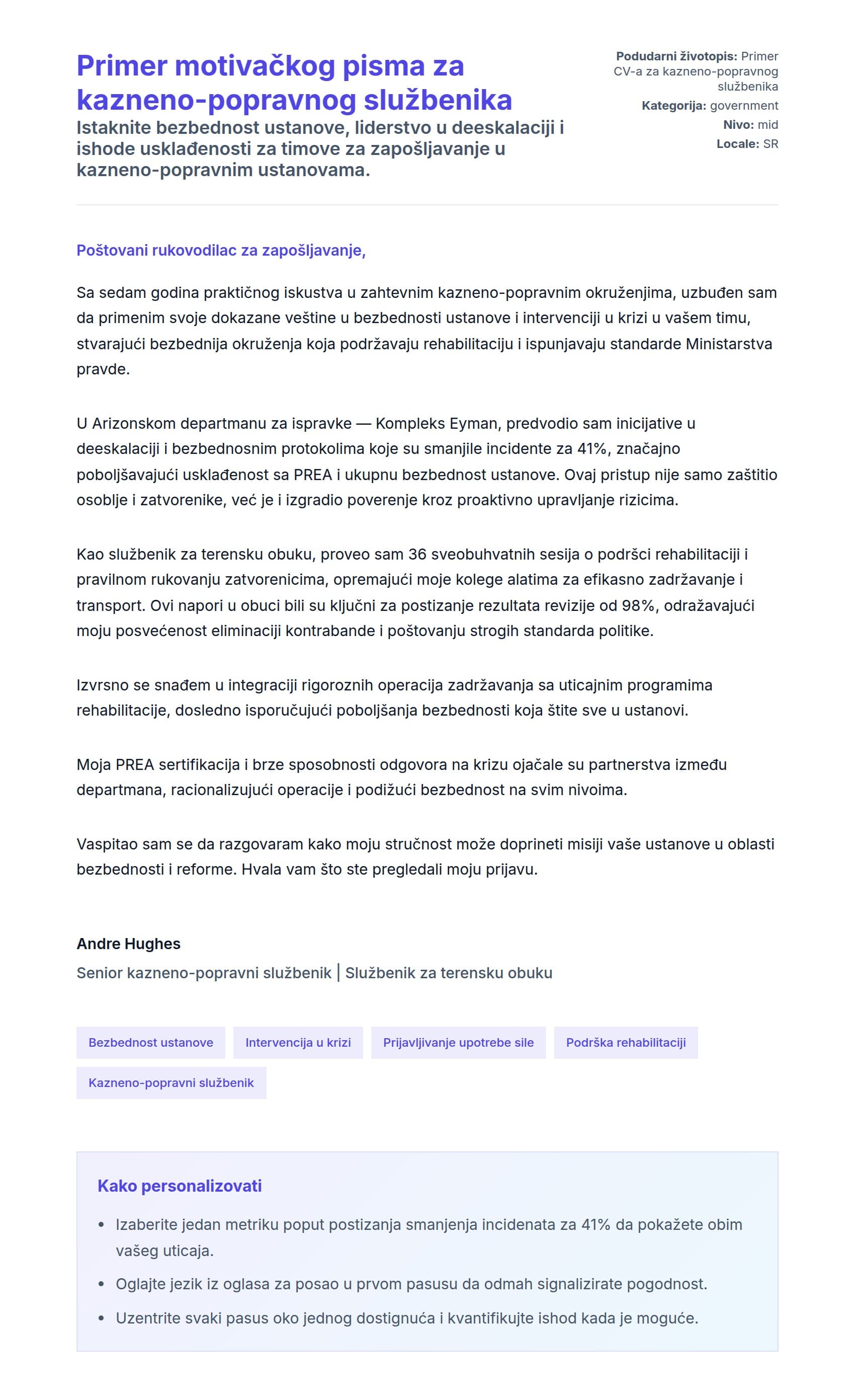 Pregled pokrivnog pisma za Primer motivačkog pisma za kazneno-popravnog službenika