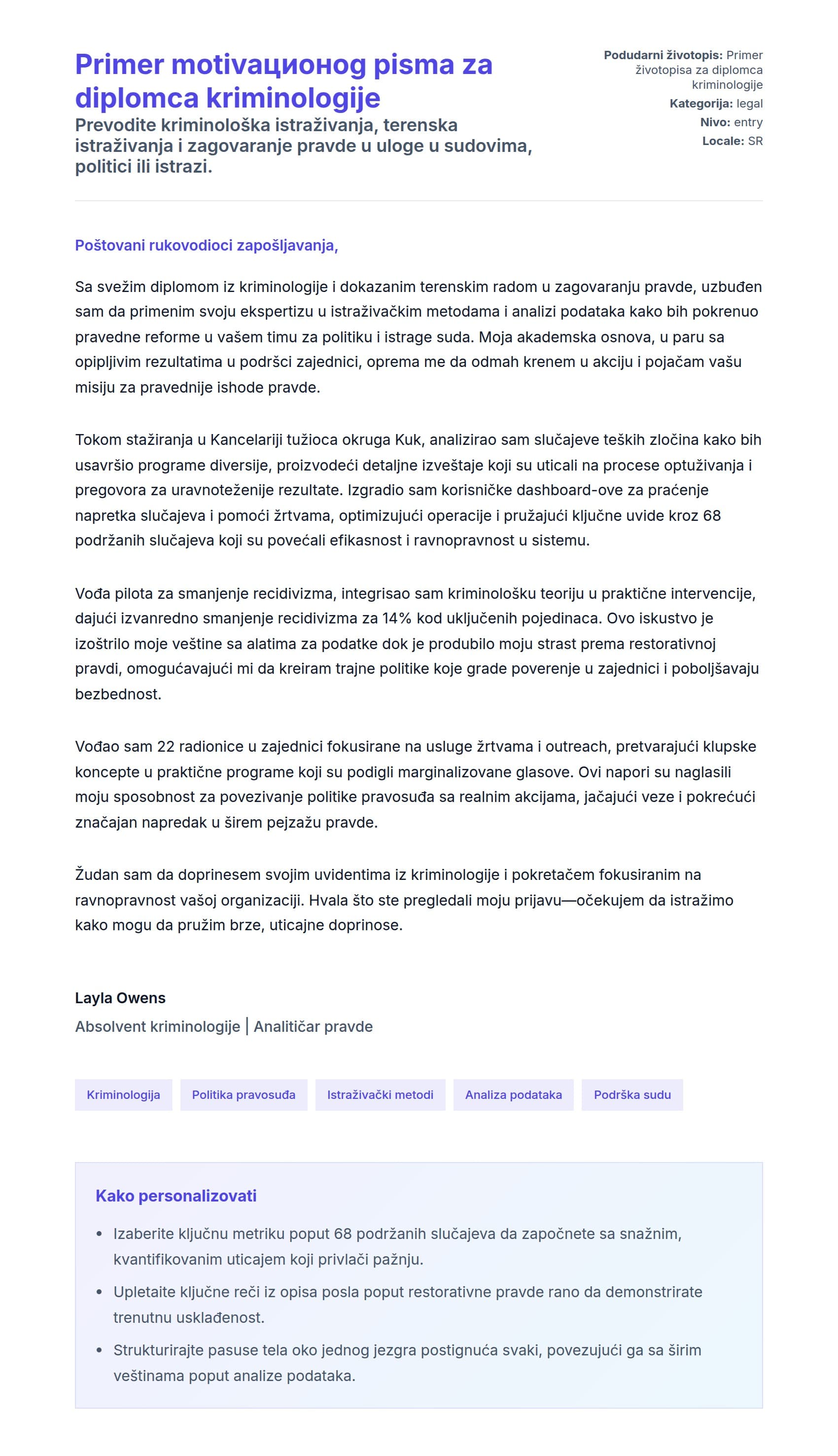 Pregled pokrivnog pisma za Primer motivaционog pisma za diplomca kriminologije