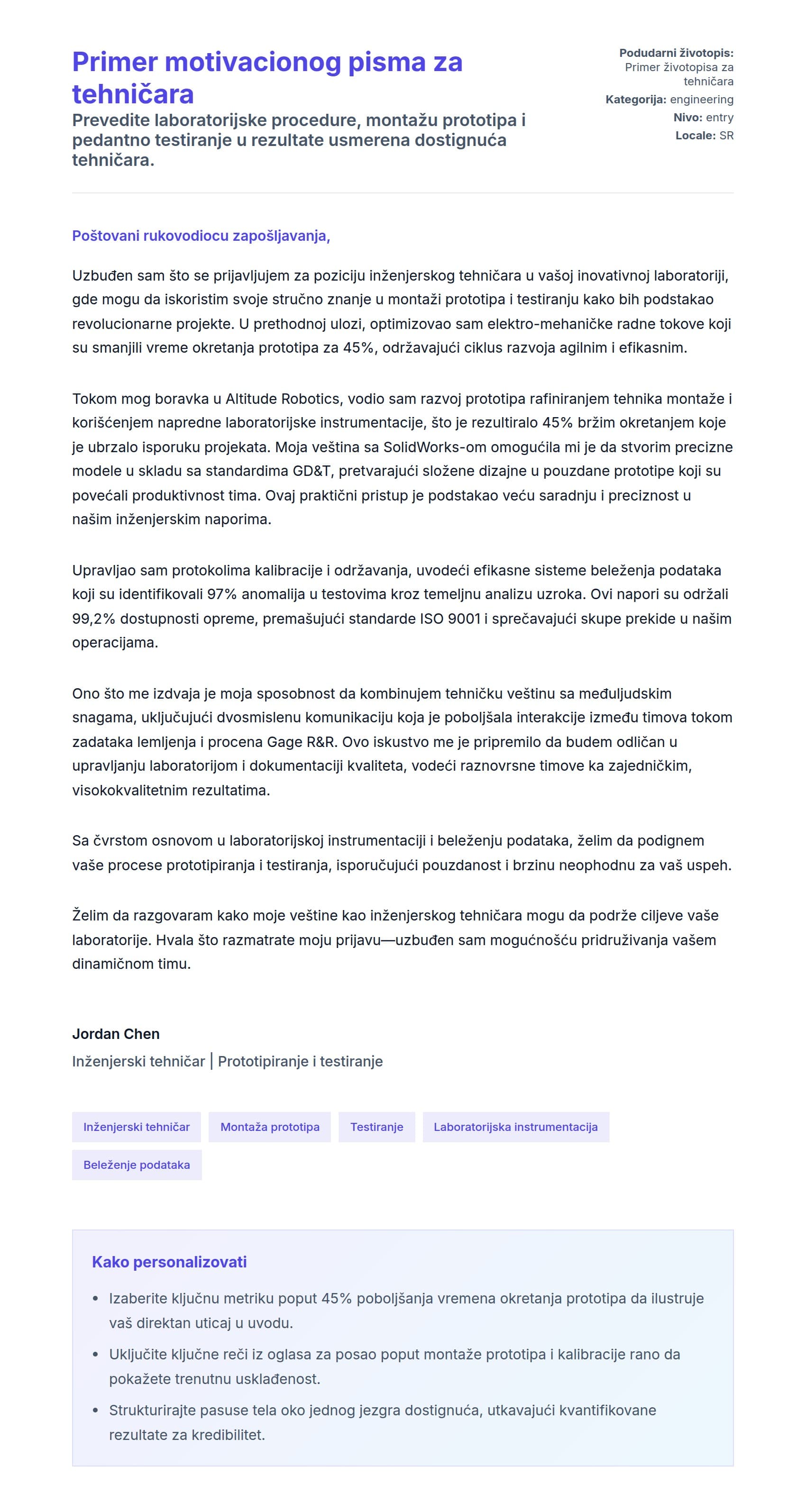 Pregled pokrivnog pisma za Primer motivacionog pisma za tehničara