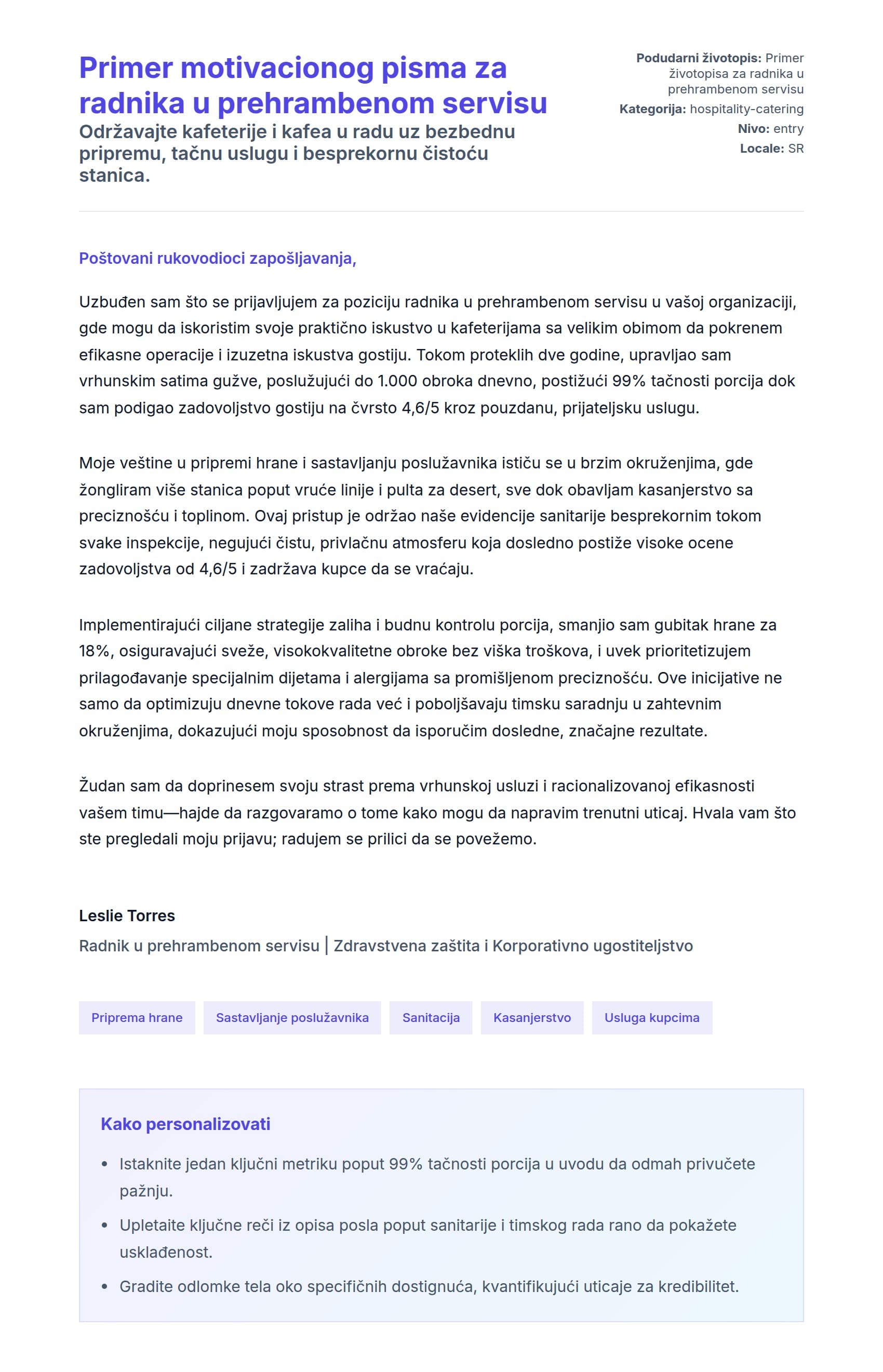 Pregled pokrivnog pisma za Primer motivacionog pisma za radnika u prehrambenom servisu