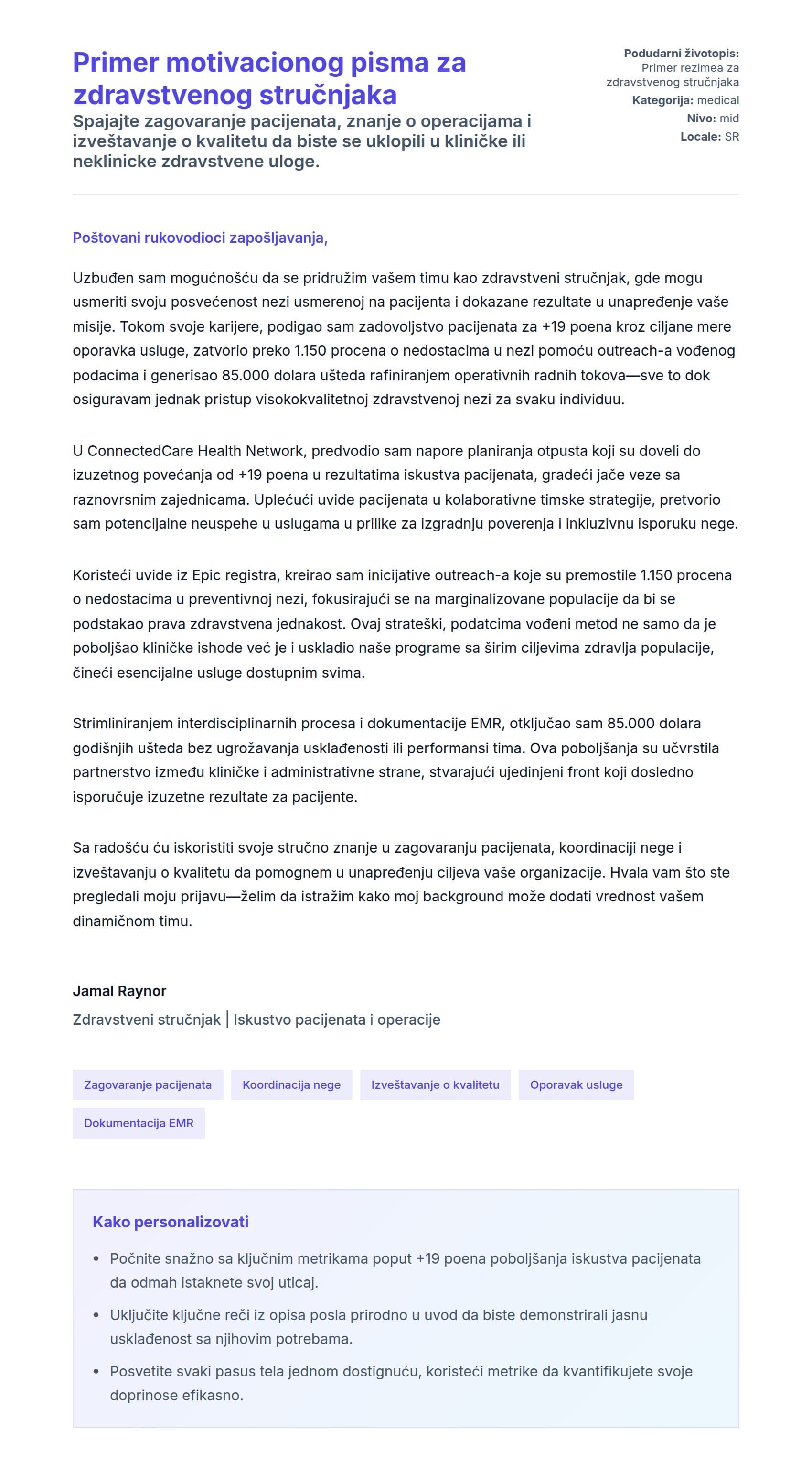 Pregled pokrivnog pisma za Primer motivacionog pisma za zdravstvenog stručnjaka