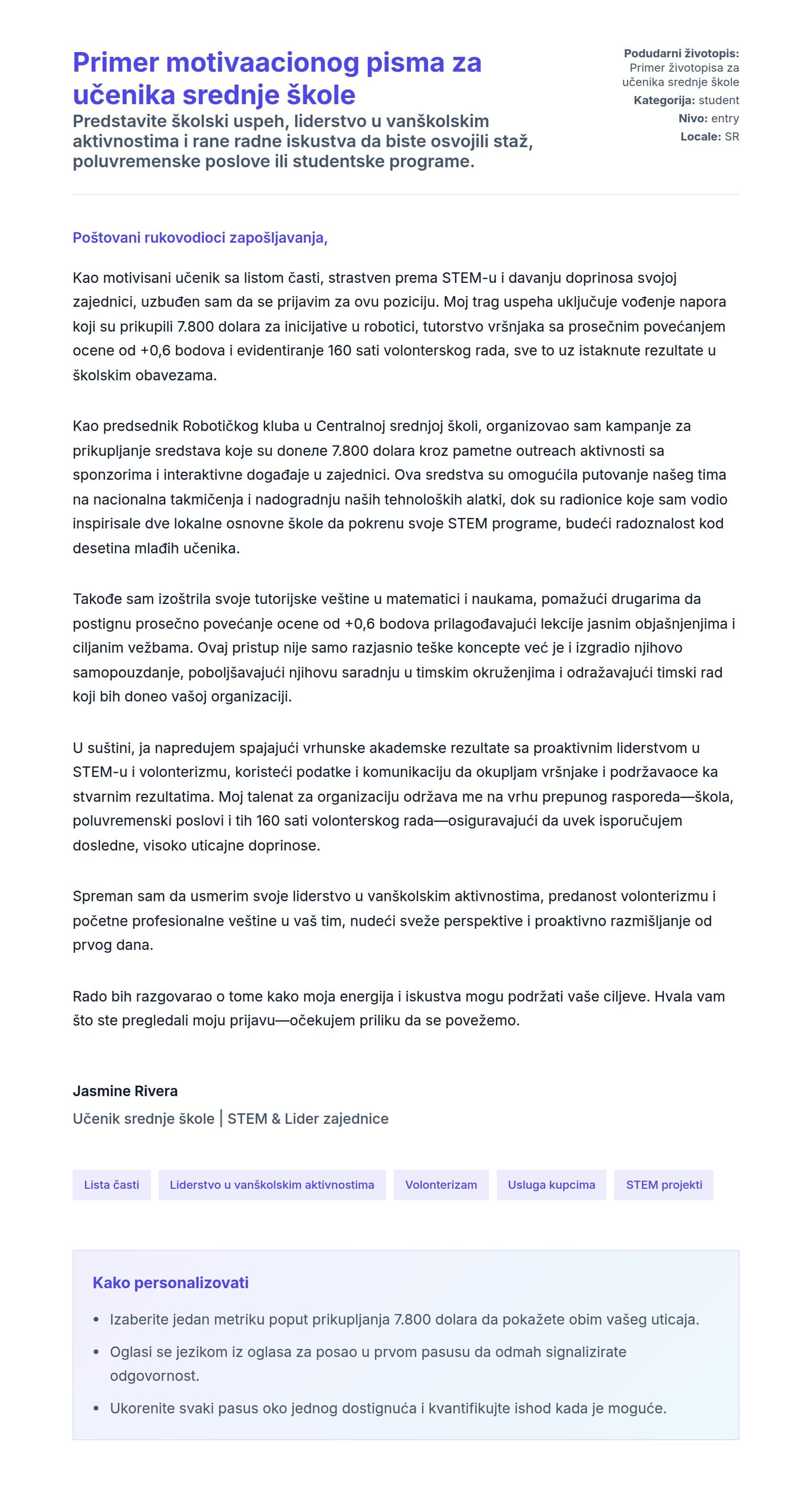 Pregled pokrivnog pisma za Primer motivaacionog pisma za učenika srednje škole