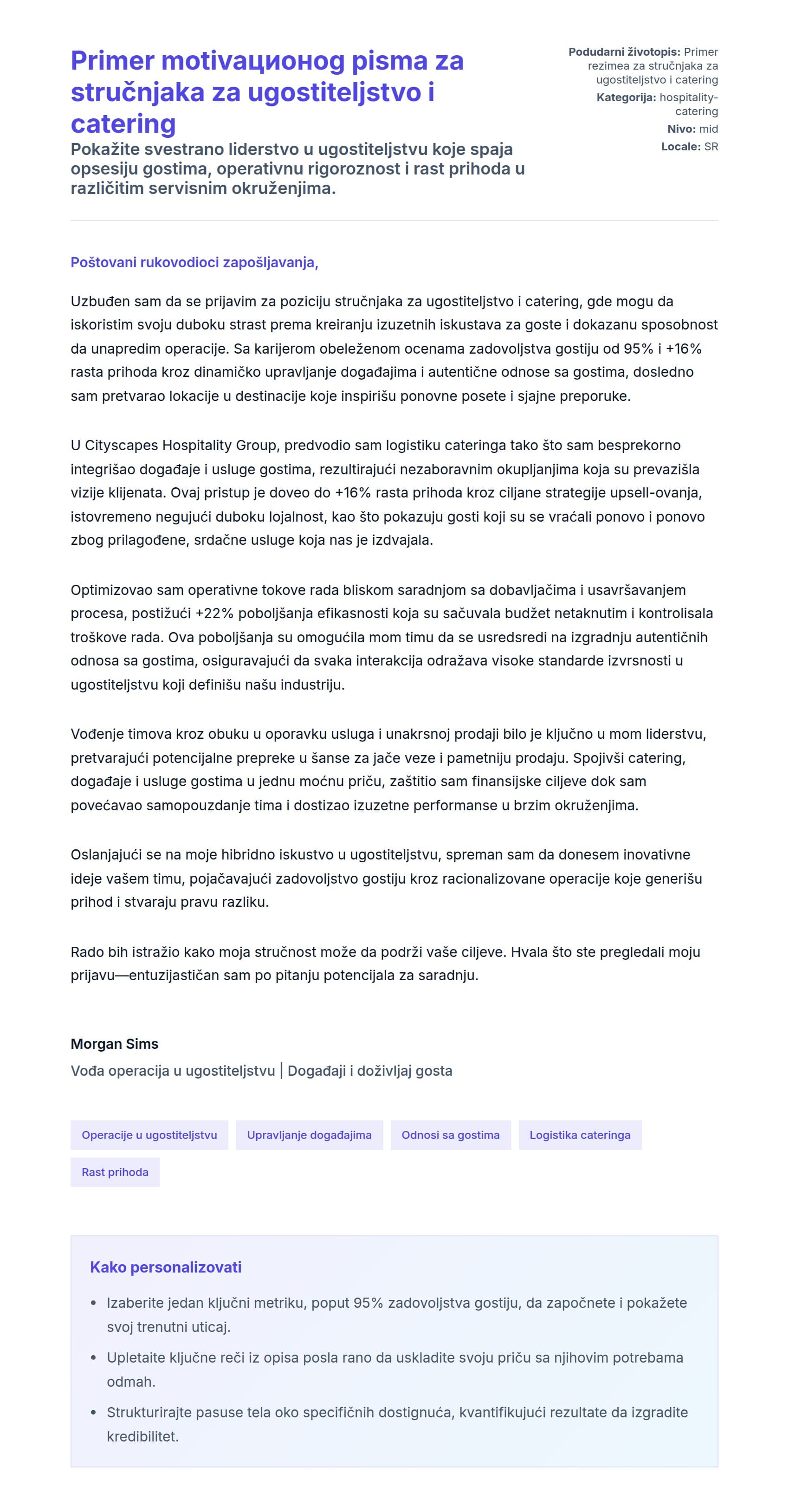 Pregled pokrivnog pisma za Primer motivaционog pisma za stručnjaka za ugostiteljstvo i catering
