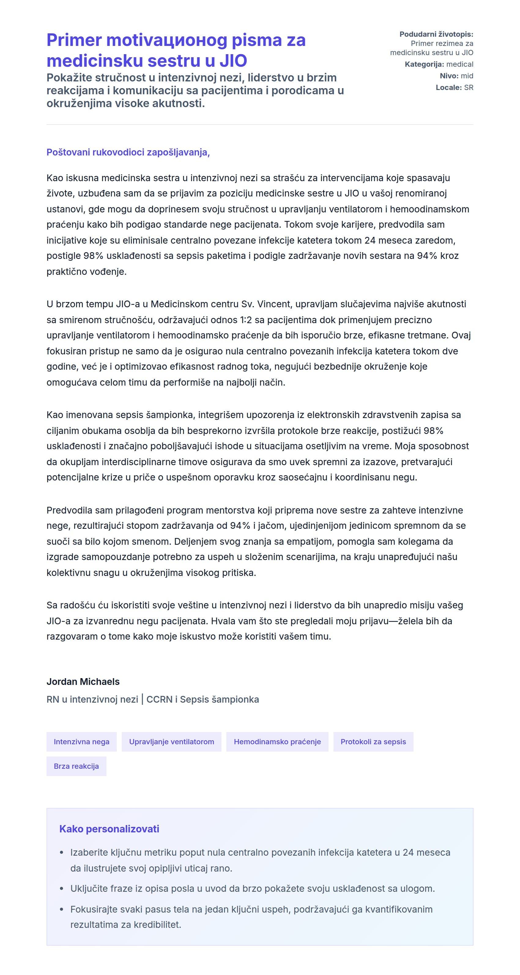 Pregled pokrivnog pisma za Primer motivaционog pisma za medicinsku sestru u JIO