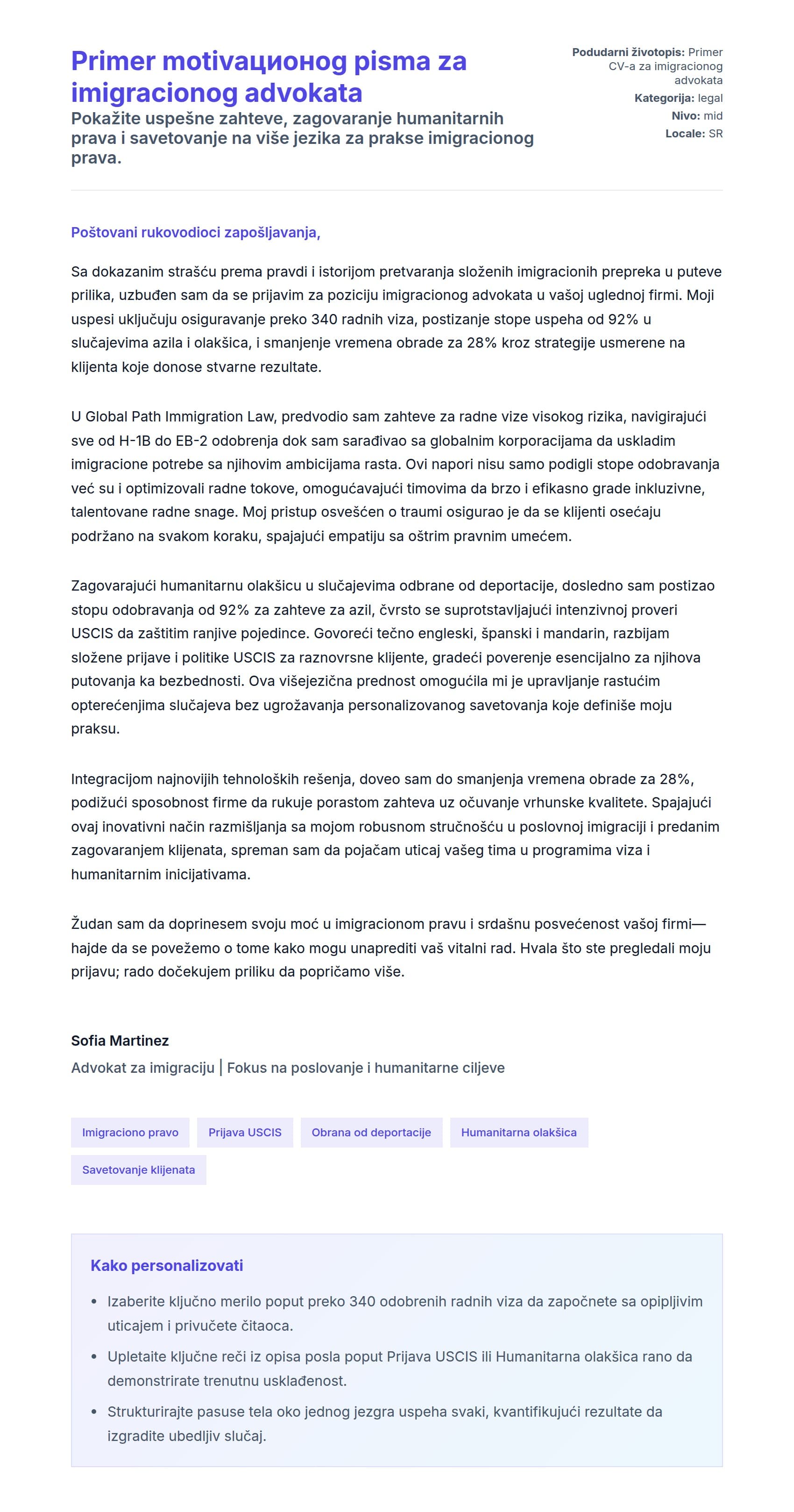 Pregled pokrivnog pisma za Primer motivaционog pisma za imigracionog advokata