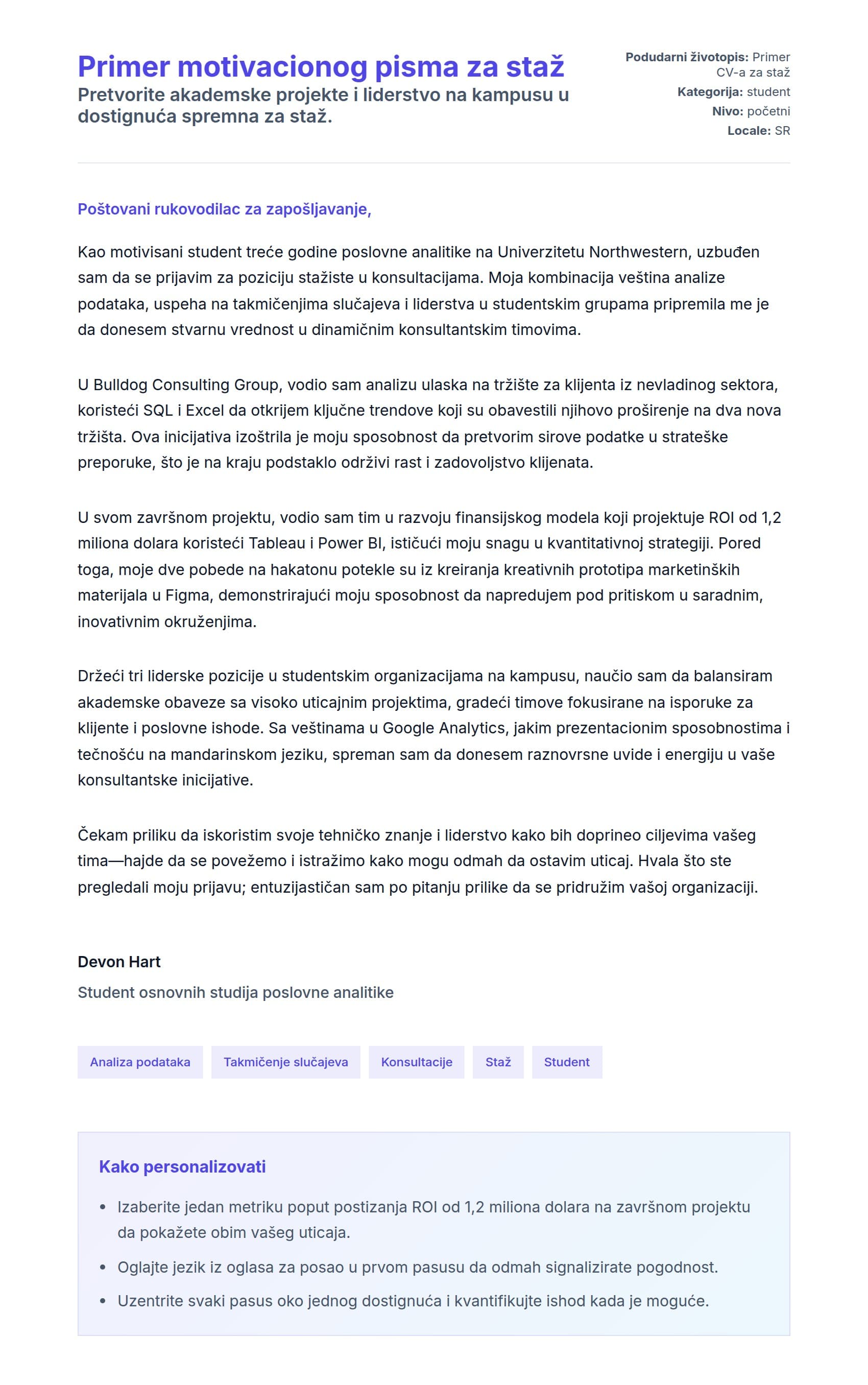 Pregled pokrivnog pisma za Primer motivacionog pisma za staž