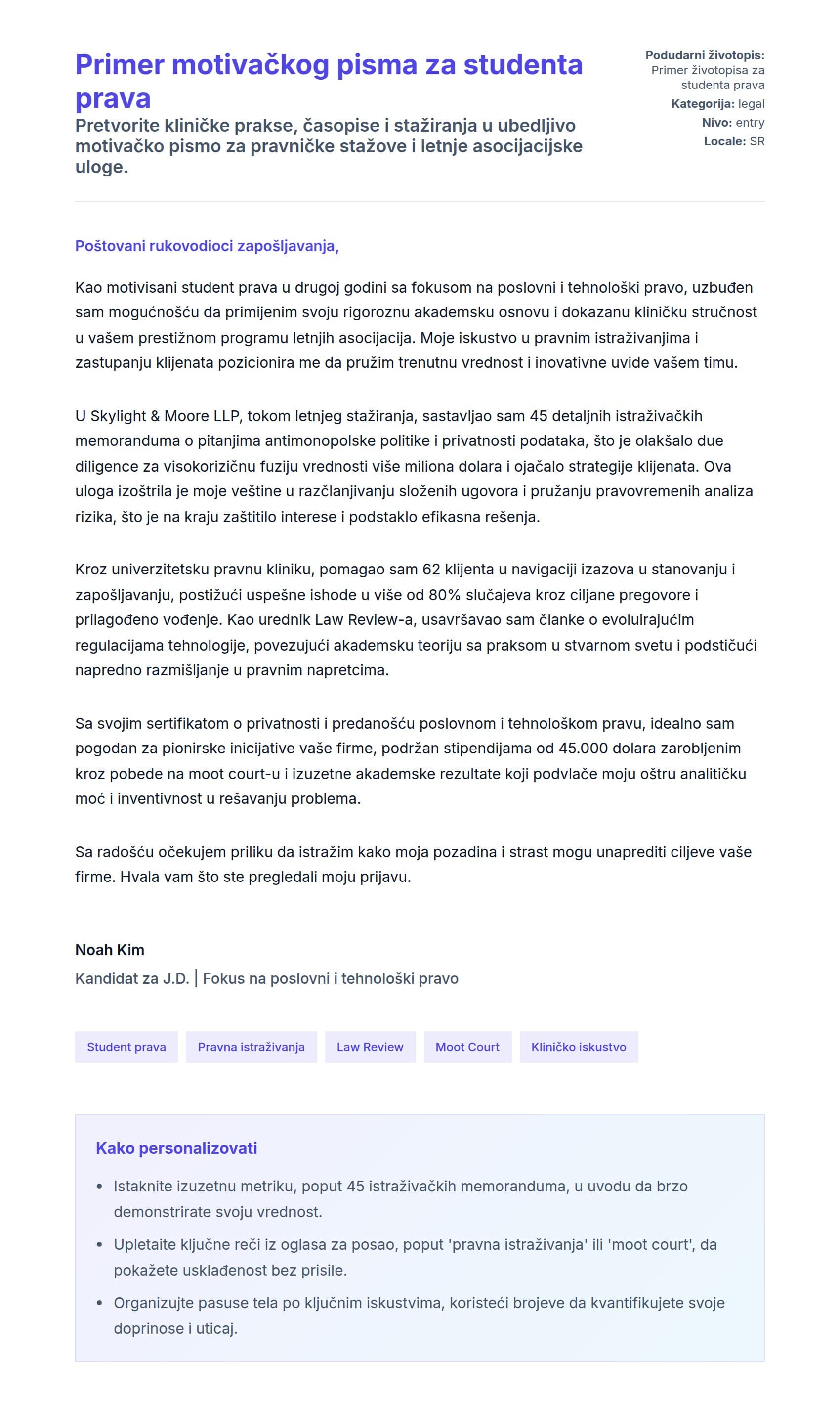 Pregled pokrivnog pisma za Primer motivačkog pisma za studenta prava