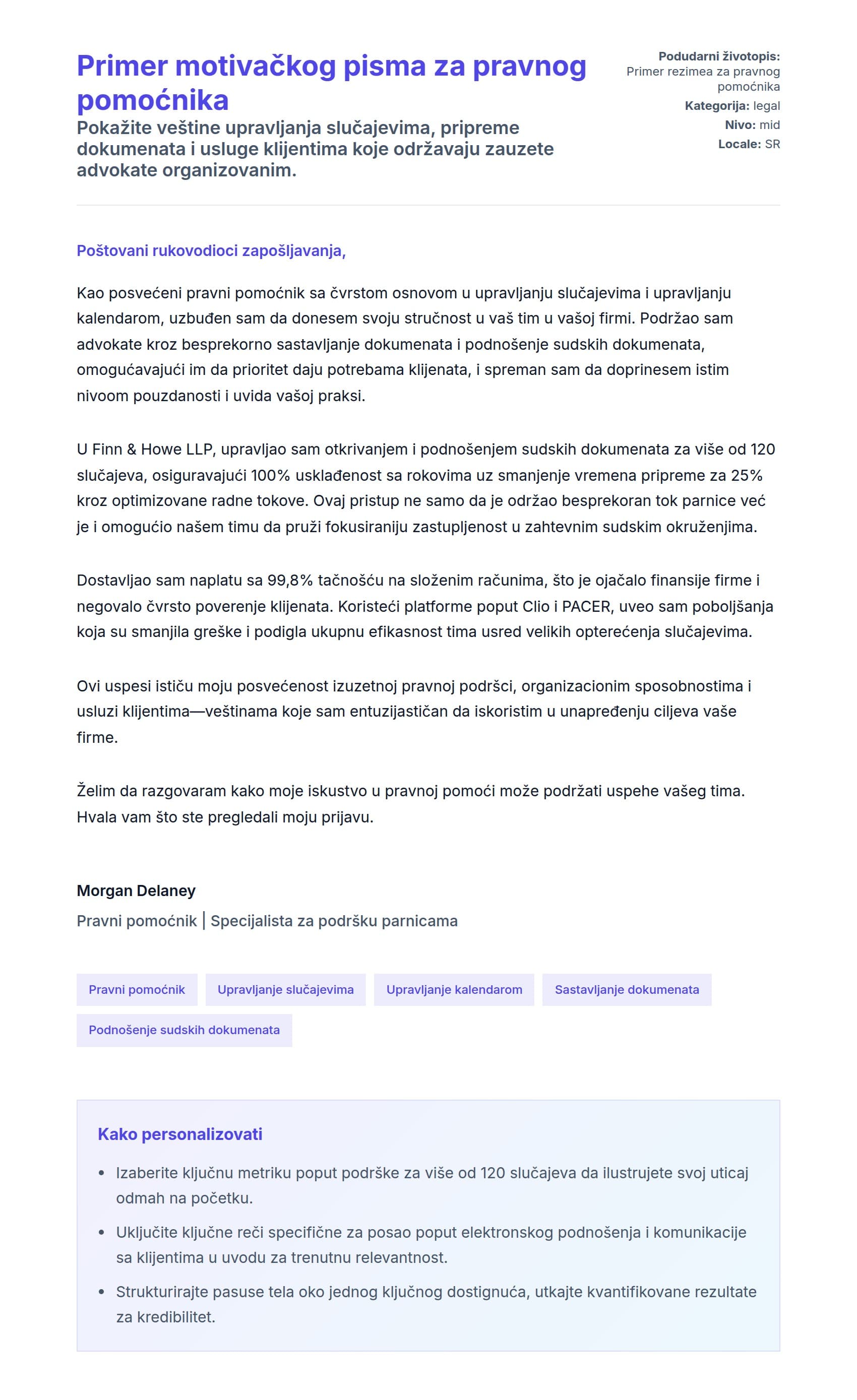 Pregled pokrivnog pisma za Primer motivačkog pisma za pravnog pomoćnika