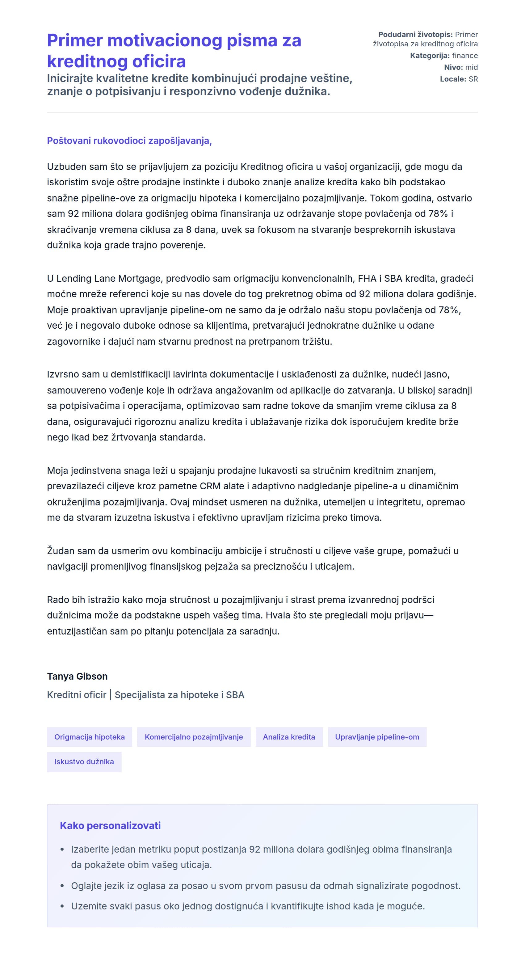 Pregled pokrivnog pisma za Primer motivacionog pisma za kreditnog oficira