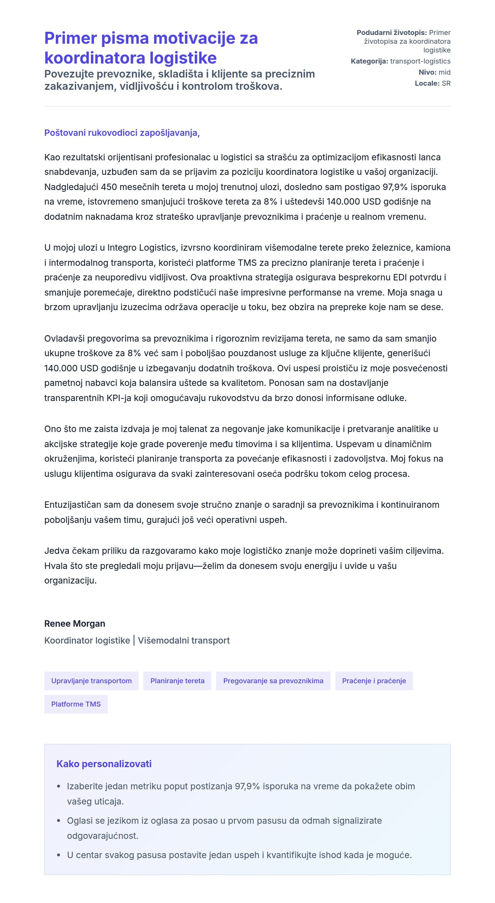 Pregled pokrivnog pisma za Primer pisma motivacije za koordinatora logistike