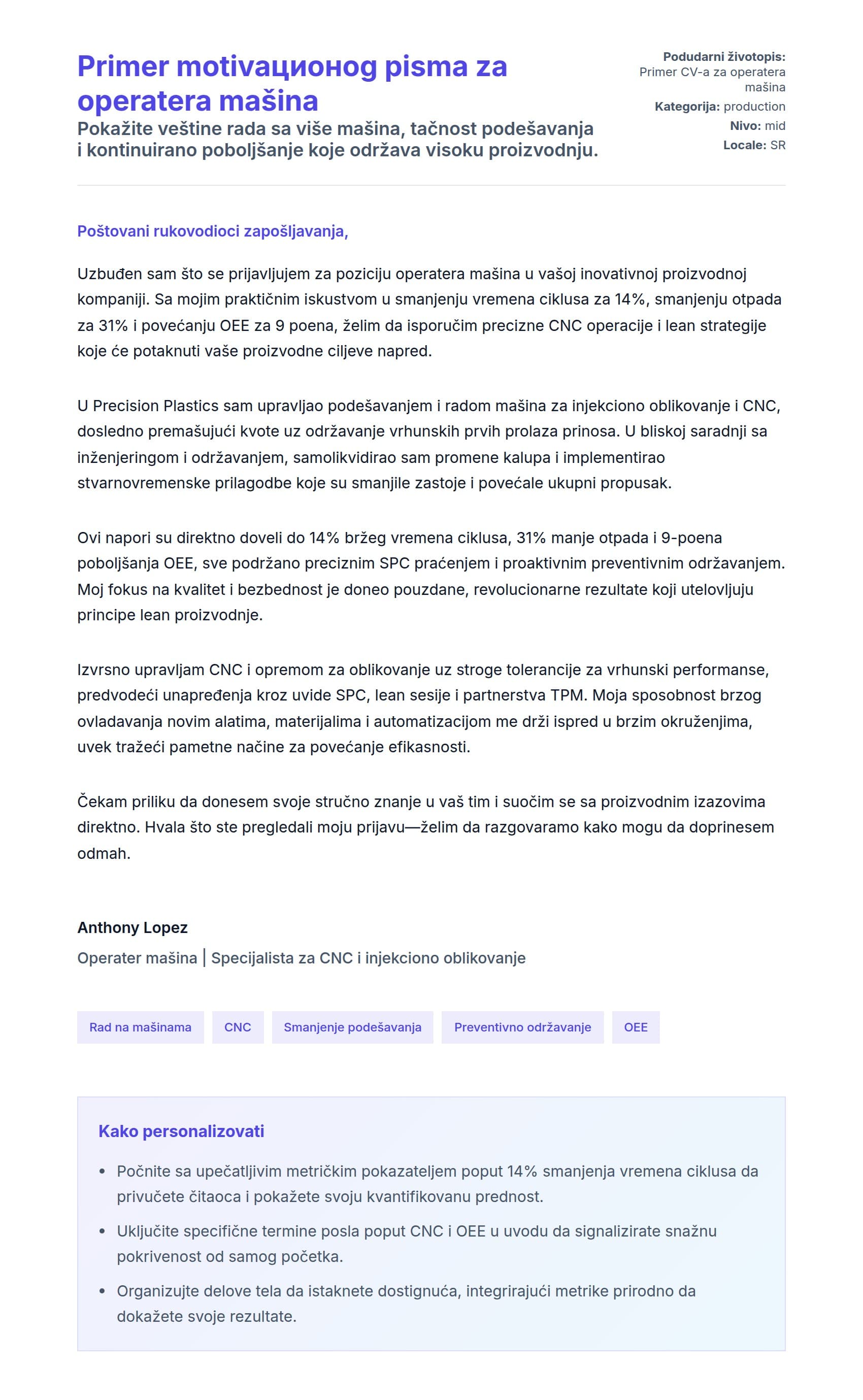 Pregled pokrivnog pisma za Primer motivaционog pisma za operatera mašina