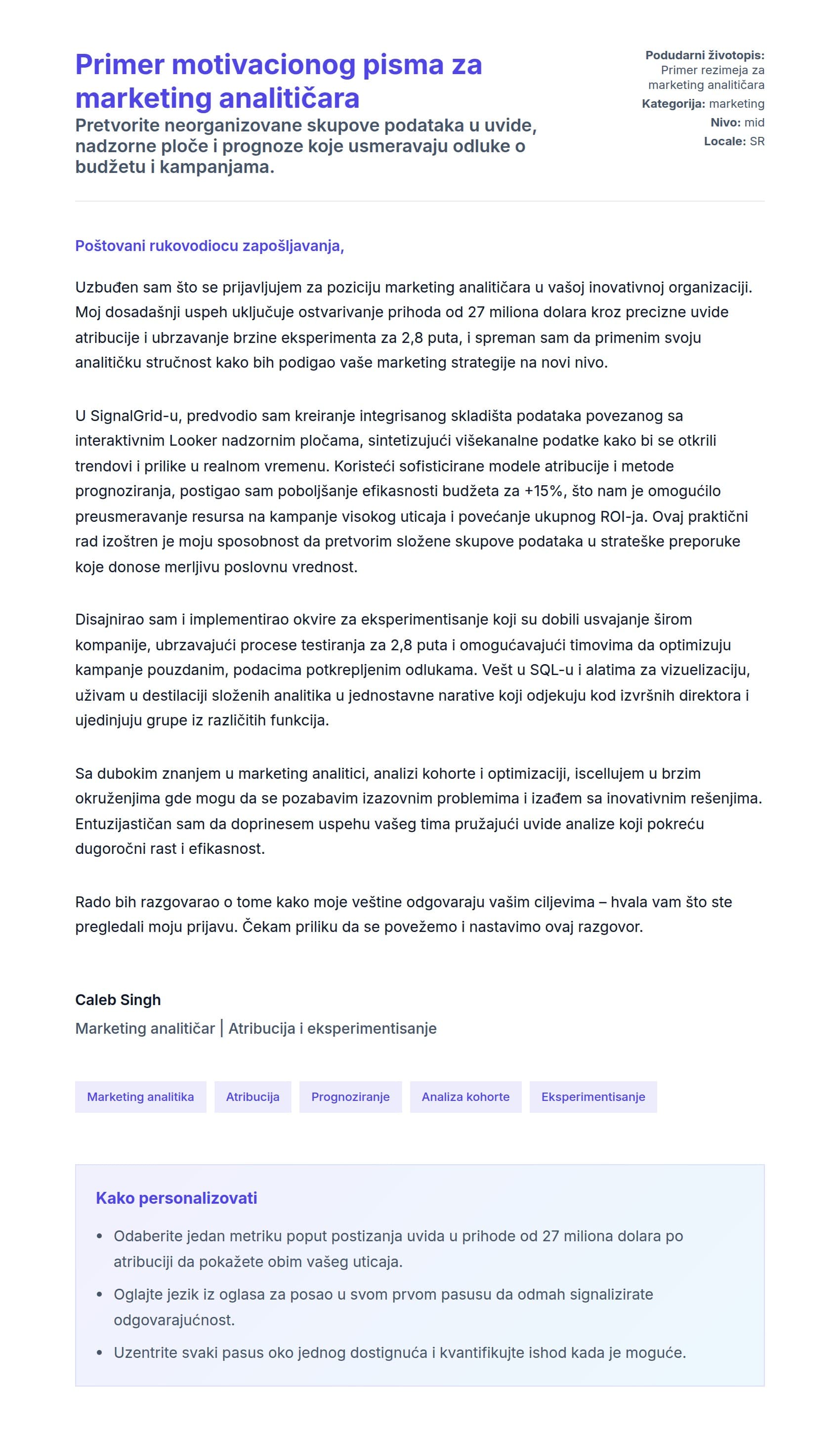 Pregled pokrivnog pisma za Primer motivacionog pisma za marketing analitičara