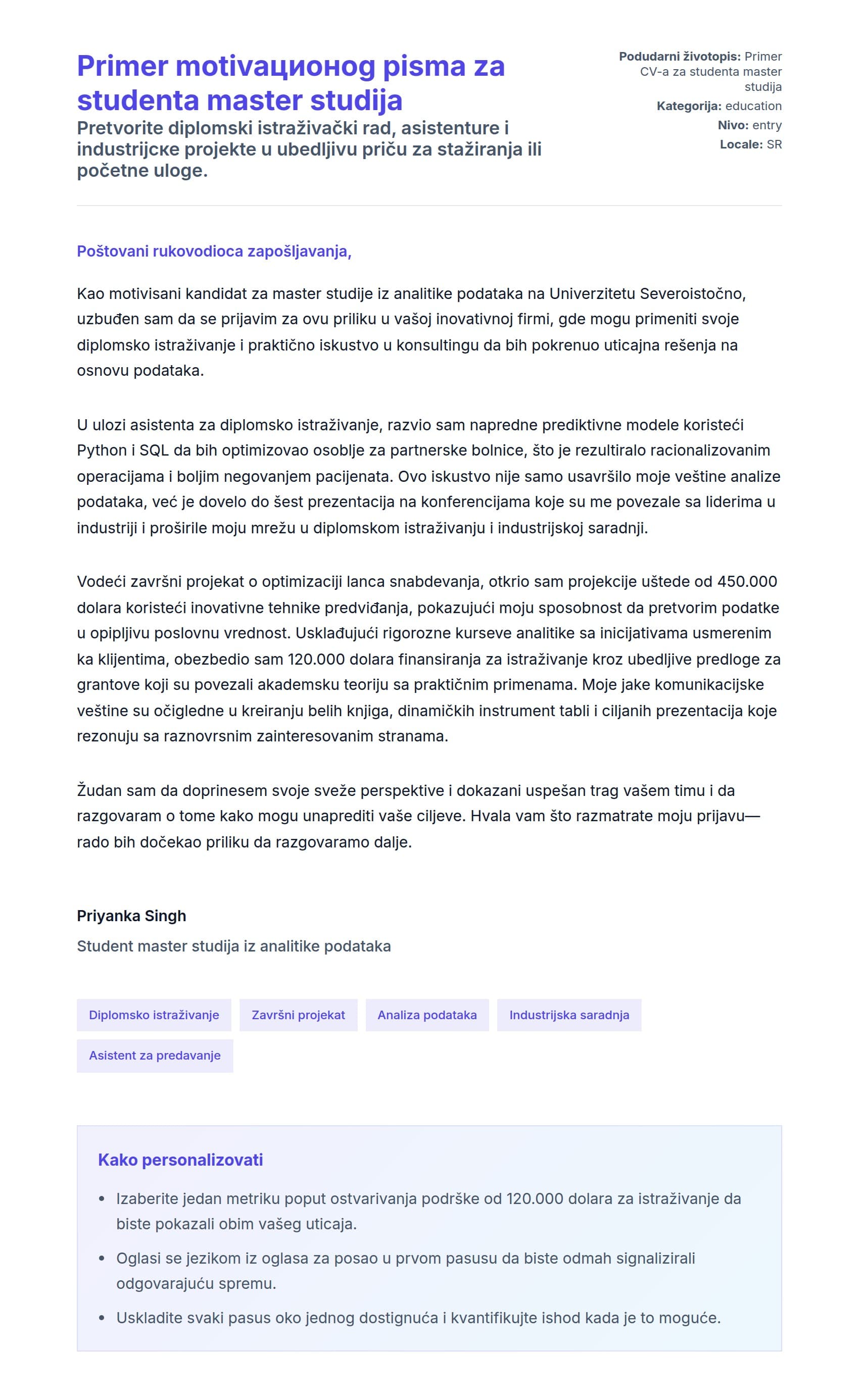 Pregled pokrivnog pisma za Primer motivaционog pisma za studenta master studija