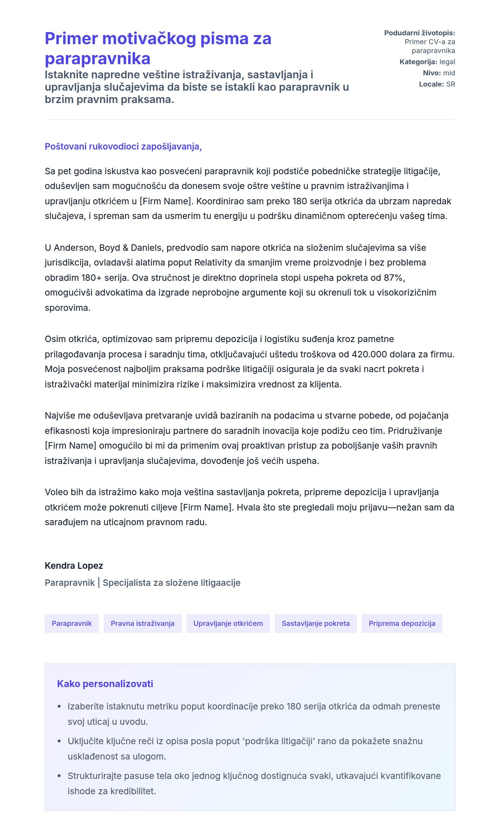 Pregled pokrivnog pisma za Primer motivačkog pisma za parapravnika
