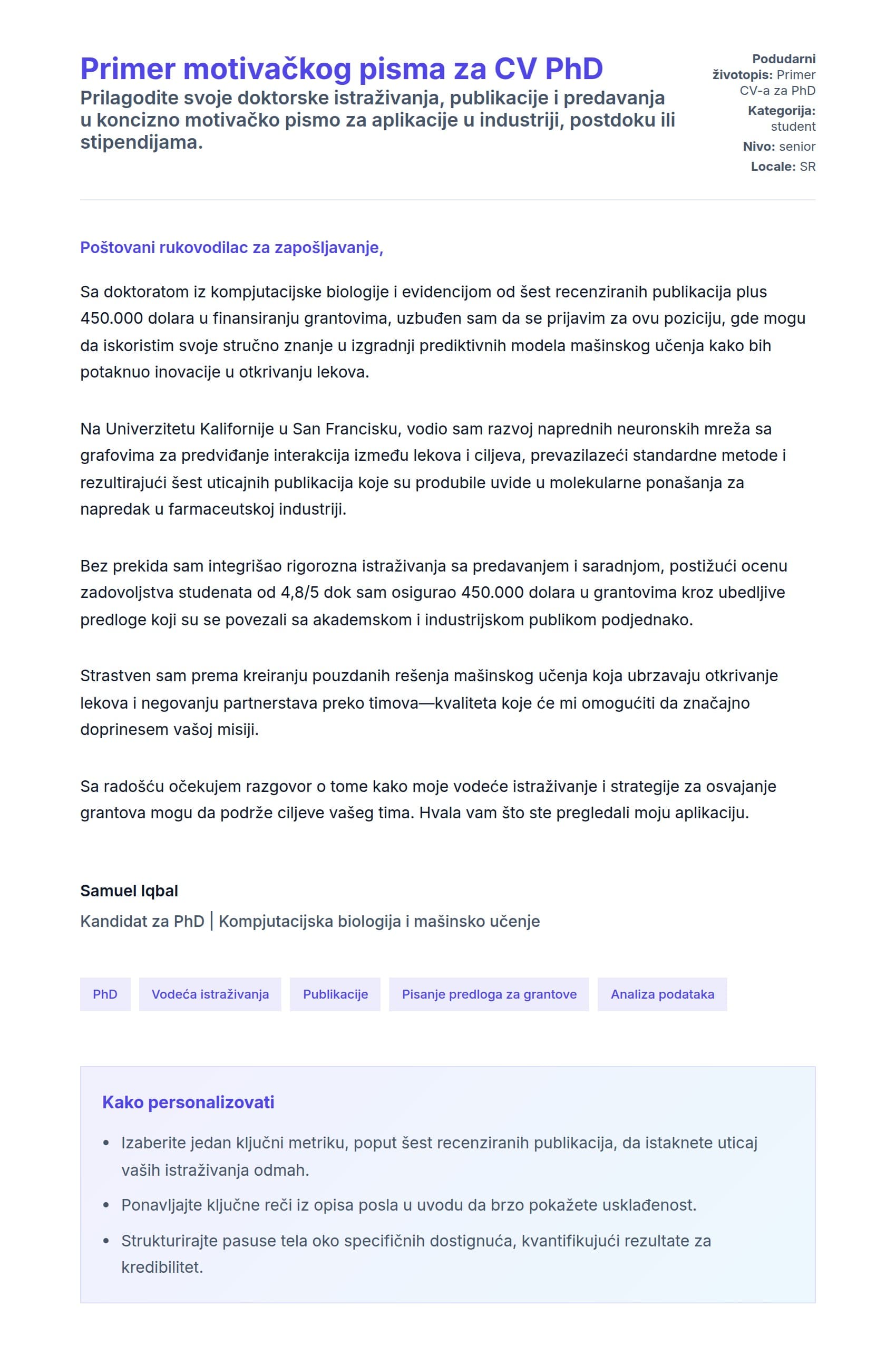 Pregled pokrivnog pisma za Primer motivačkog pisma za CV PhD