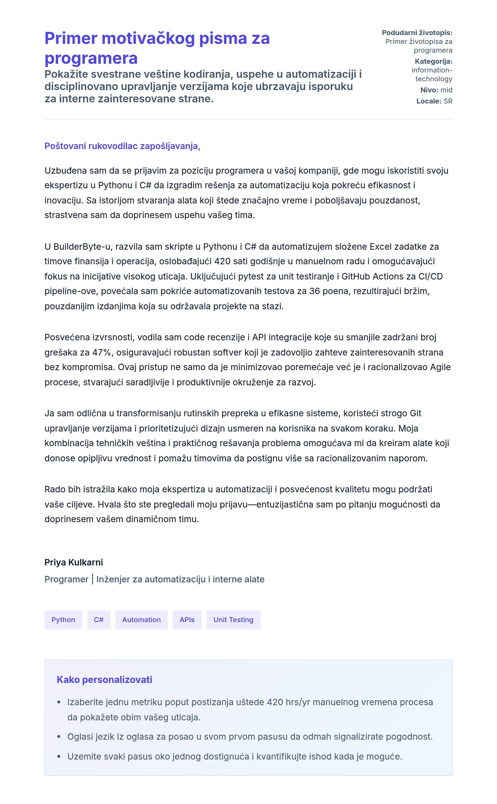 Pregled pokrivnog pisma za Primer motivačkog pisma za programera